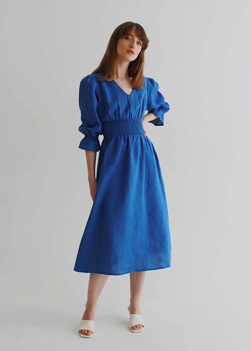 "Lisa" Blue Linen Midi Dress