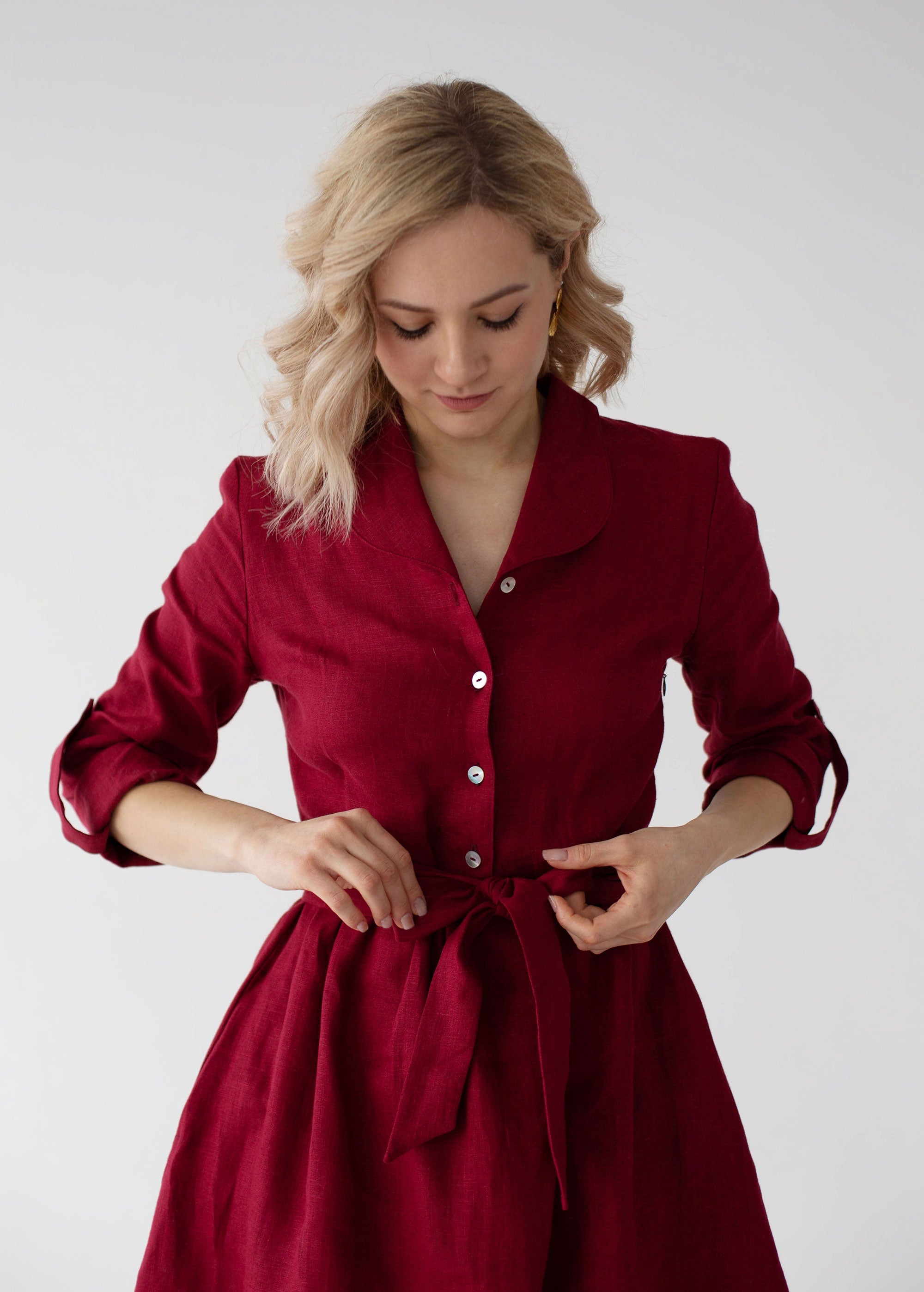 XS size "Lily" Burgundy Button Front Linen Dress