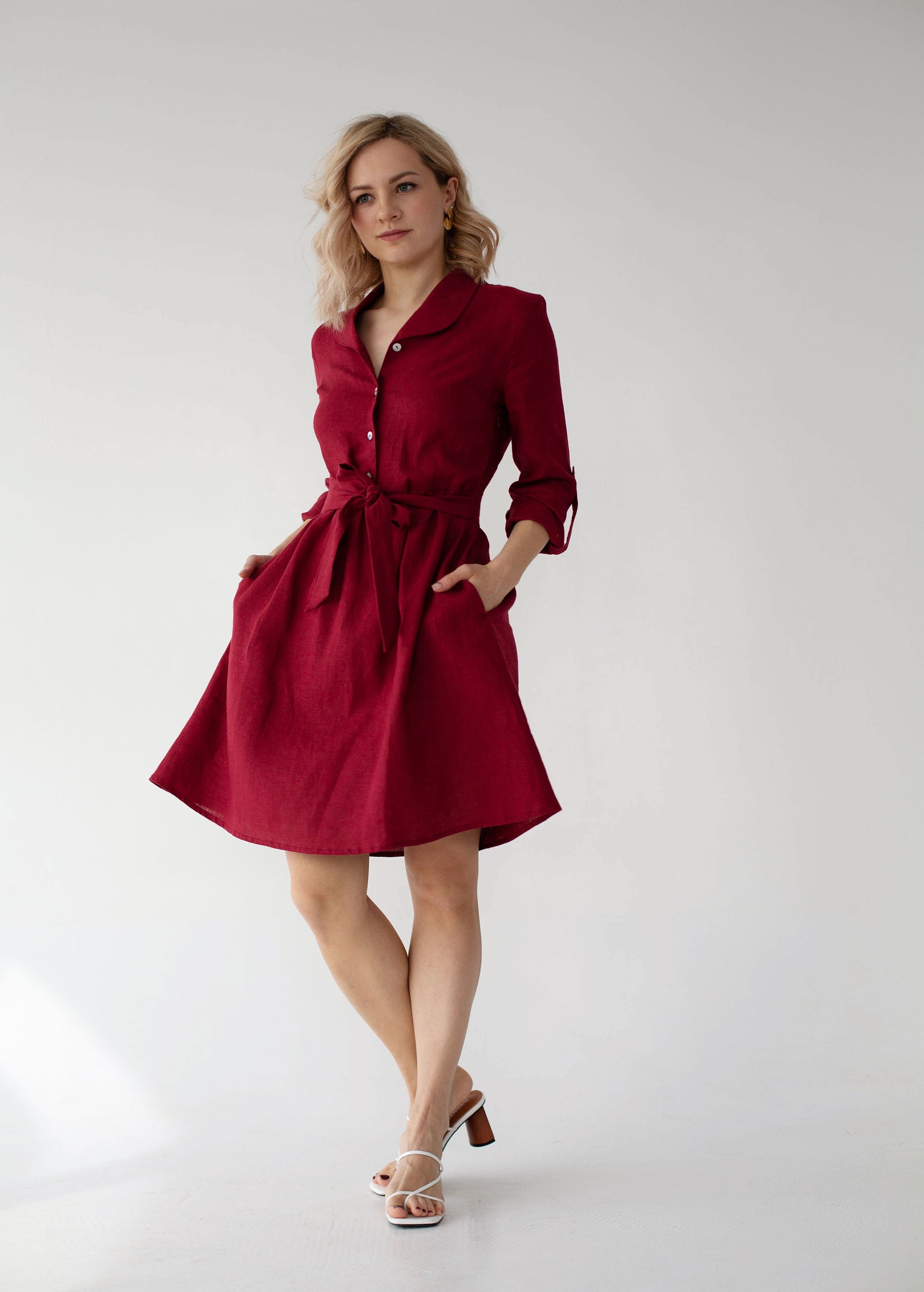 XS size "Lily" Burgundy Button Front Linen Dress