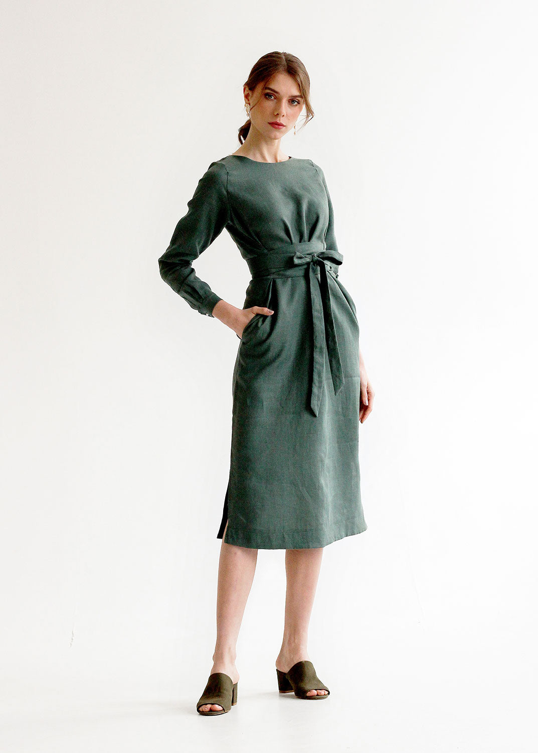"Audrey" Sage Green Linen Dress