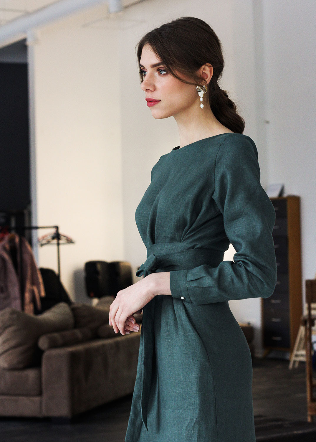 M size "Audrey" Sage Green Linen Dress