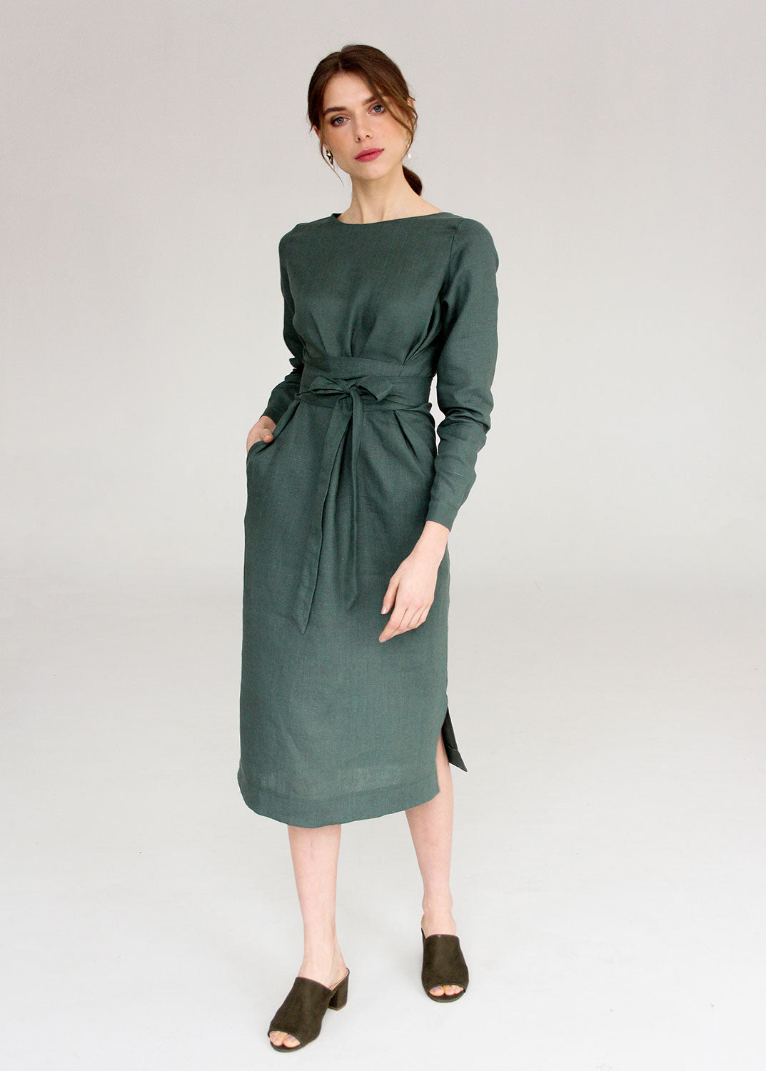 L size "Audrey" Sage Green Linen Dress