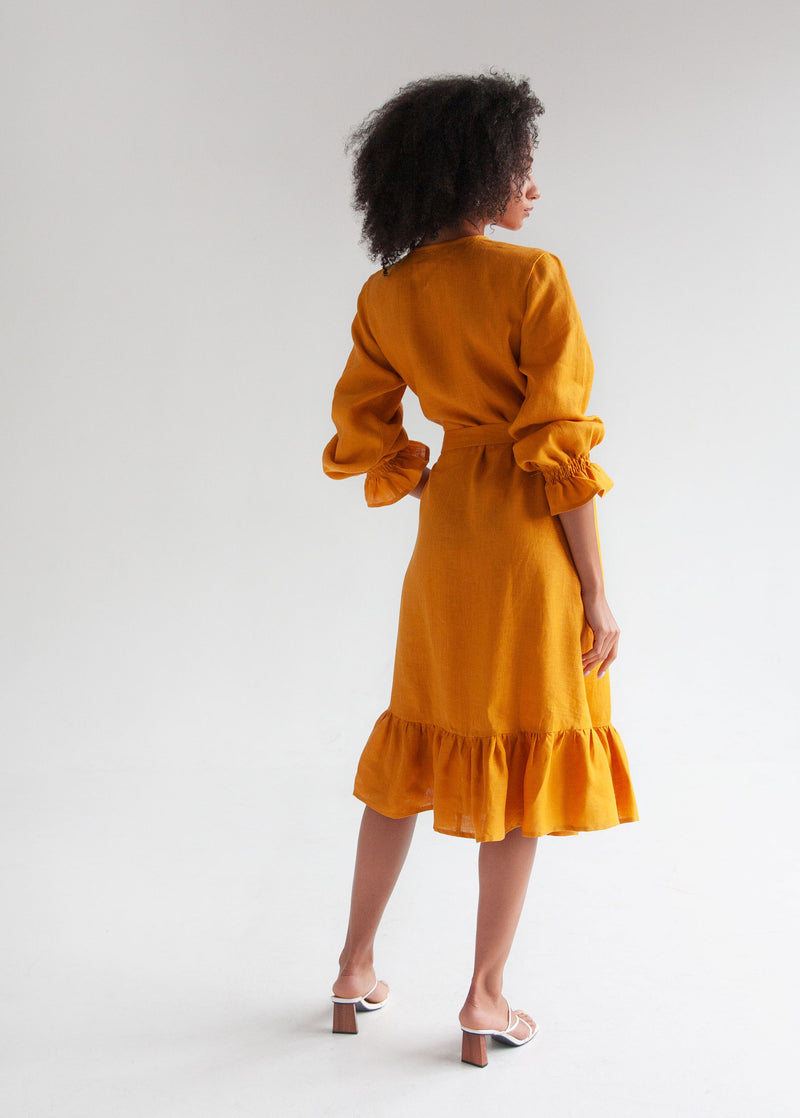 "Jennifer" Mustard Yellow Linen Wrap Dress