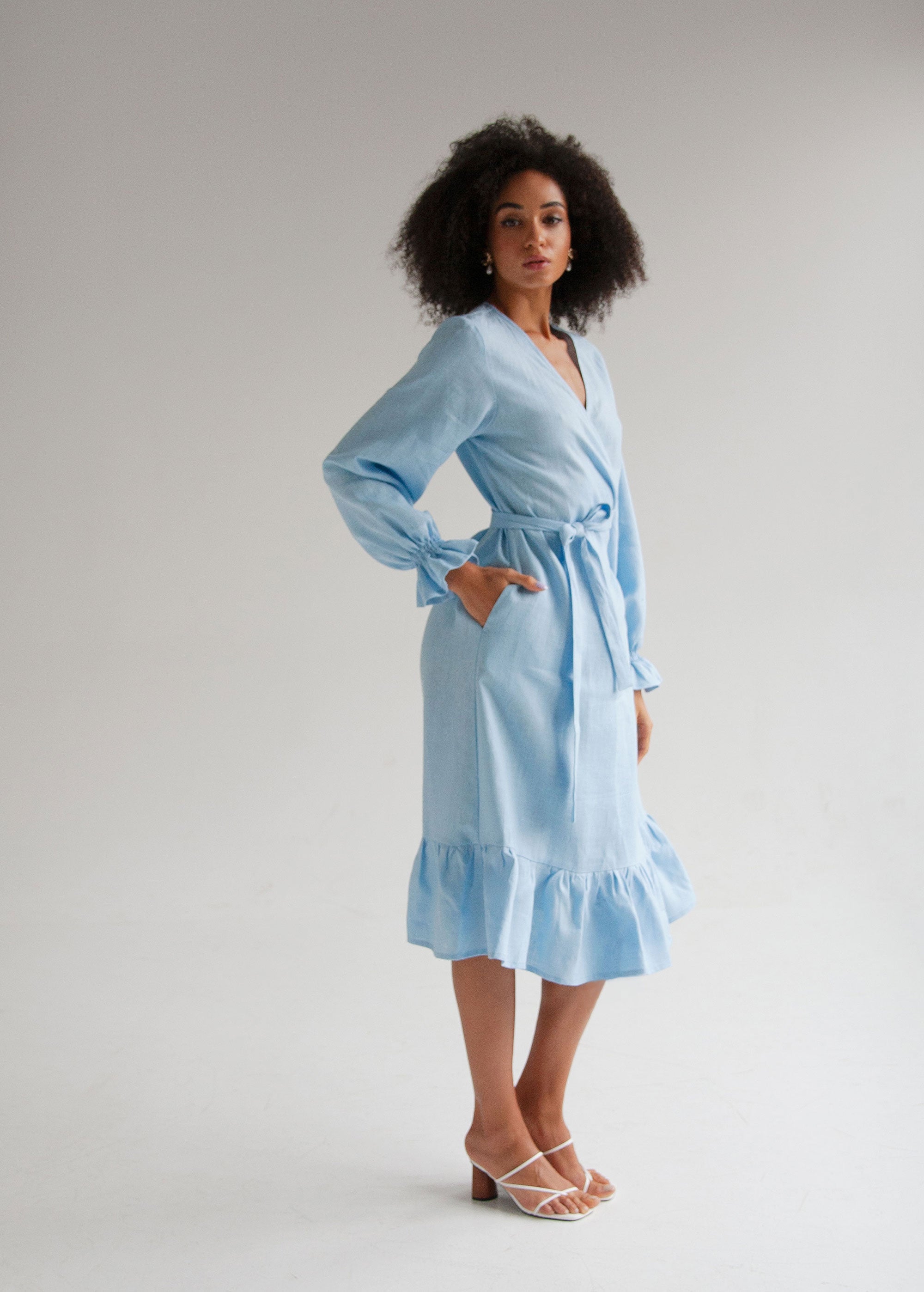 Size S/M, L/XL "Jennifer" Sky Blue Linen Wrap Dress
