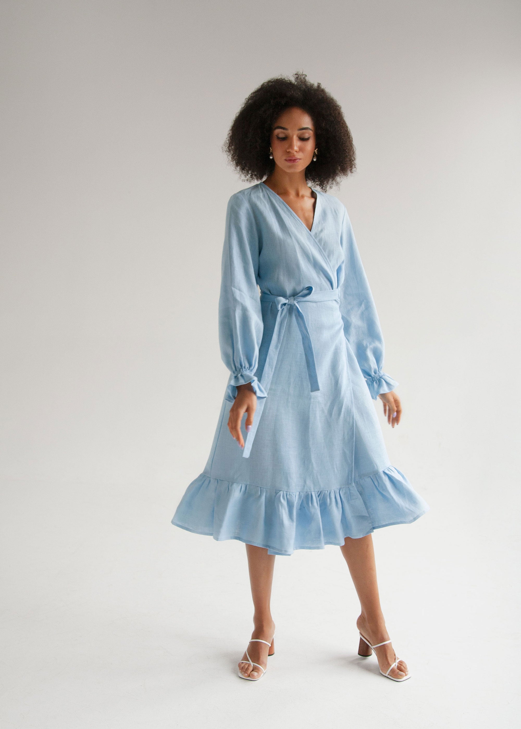 Size S/M, L/XL "Jennifer" Sky Blue Linen Wrap Dress