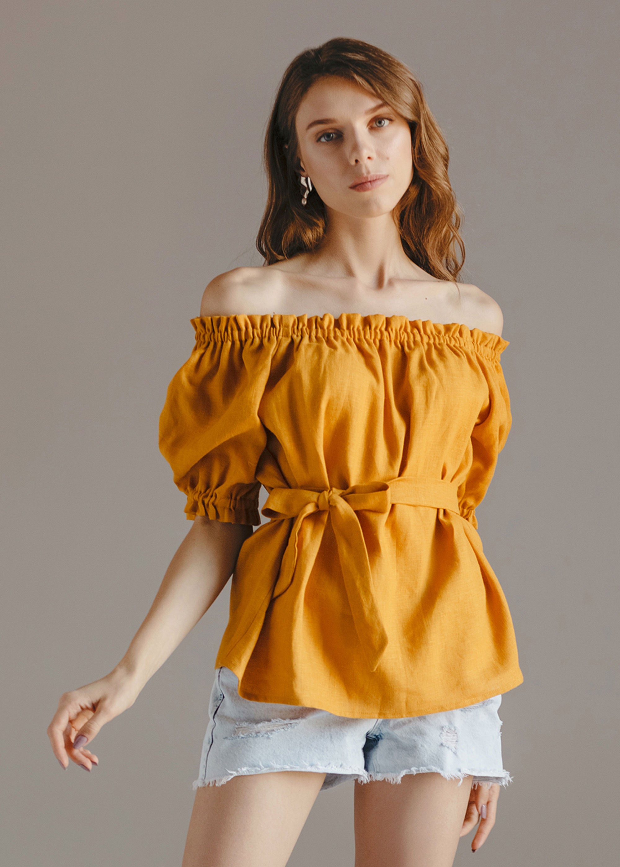 "Lia" Mustard Yellow Off the Shoulder Top