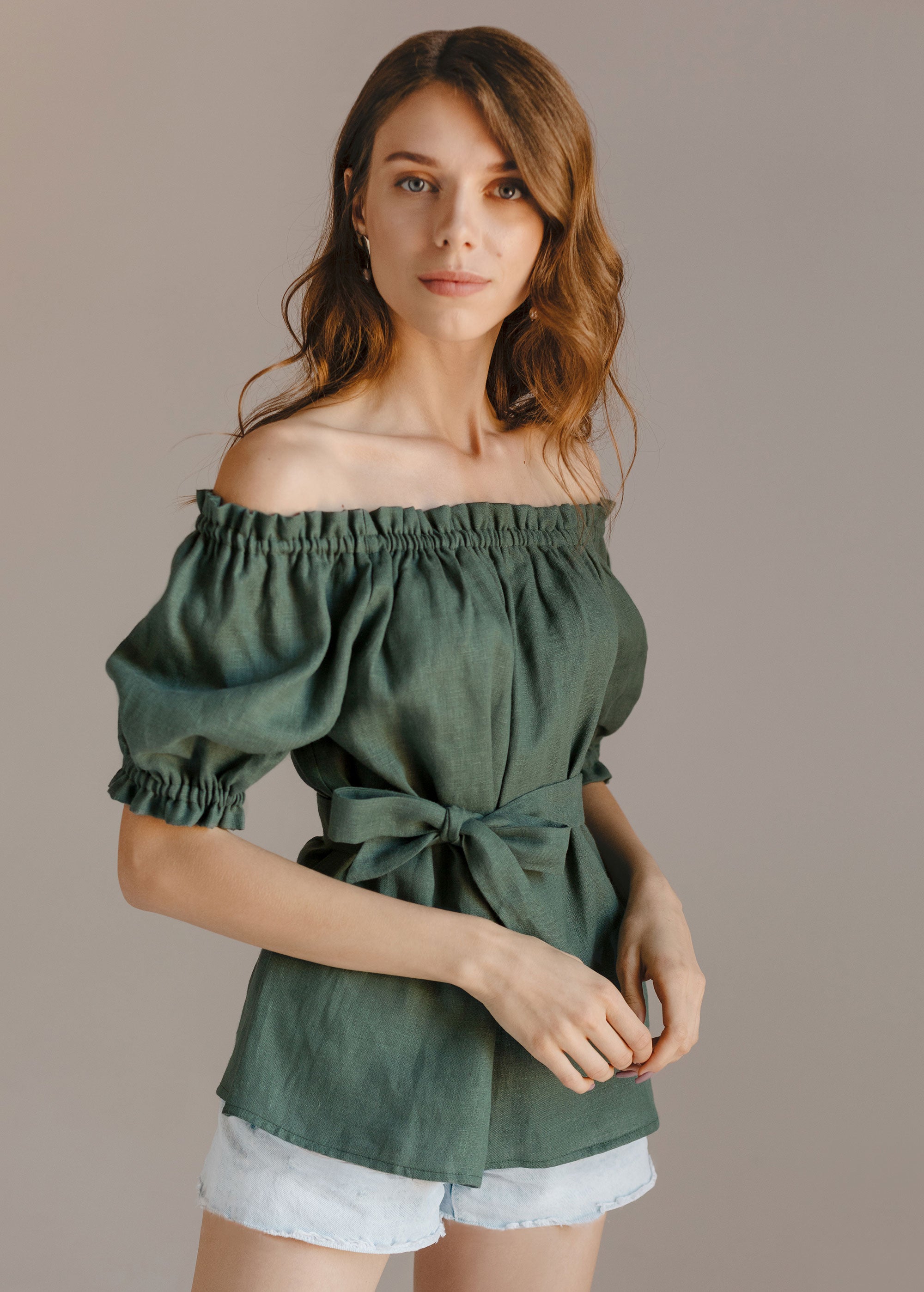 "Lia" Sage Green Off The Shoulder Top with sleeves