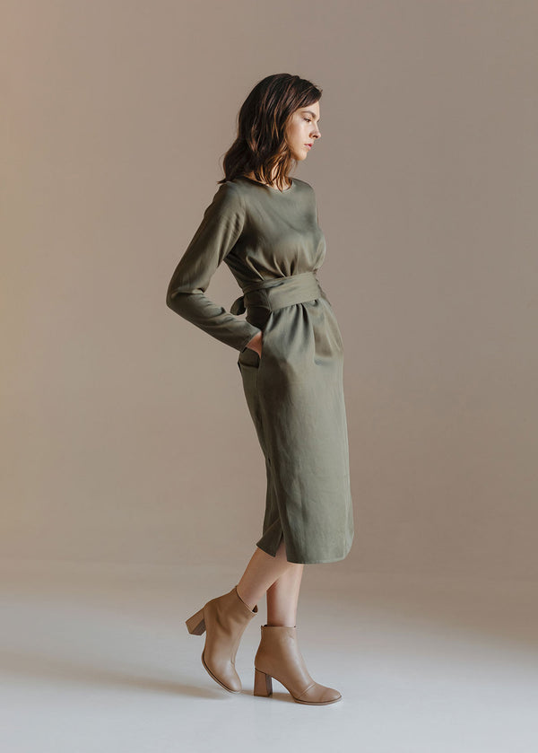 "Audrey" Khaki Green Linen Dress