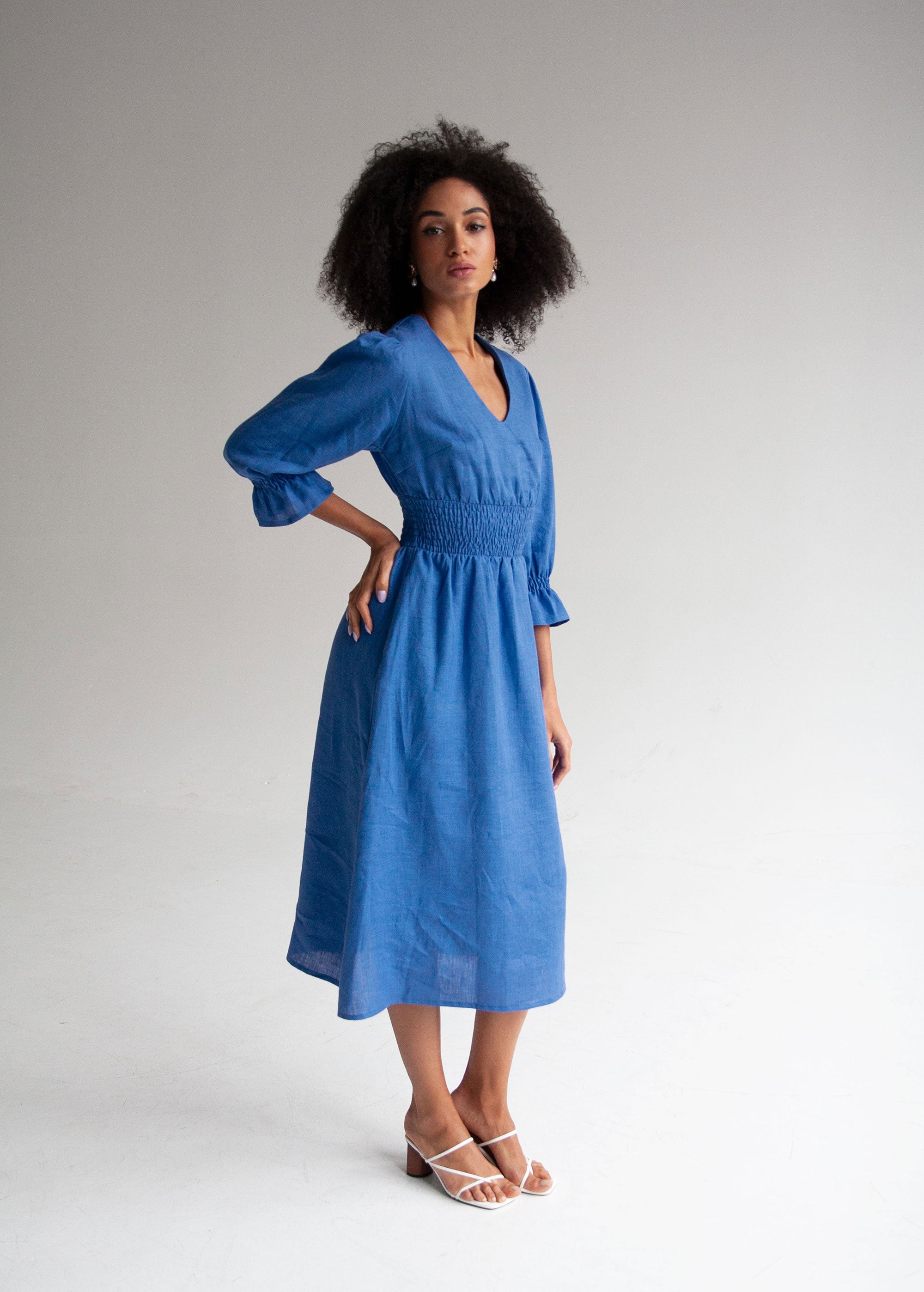 "Lisa" Blue Linen Midi Dress