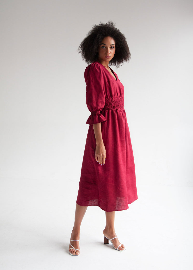 "Lisa" Burgundy Linen Midi Dress