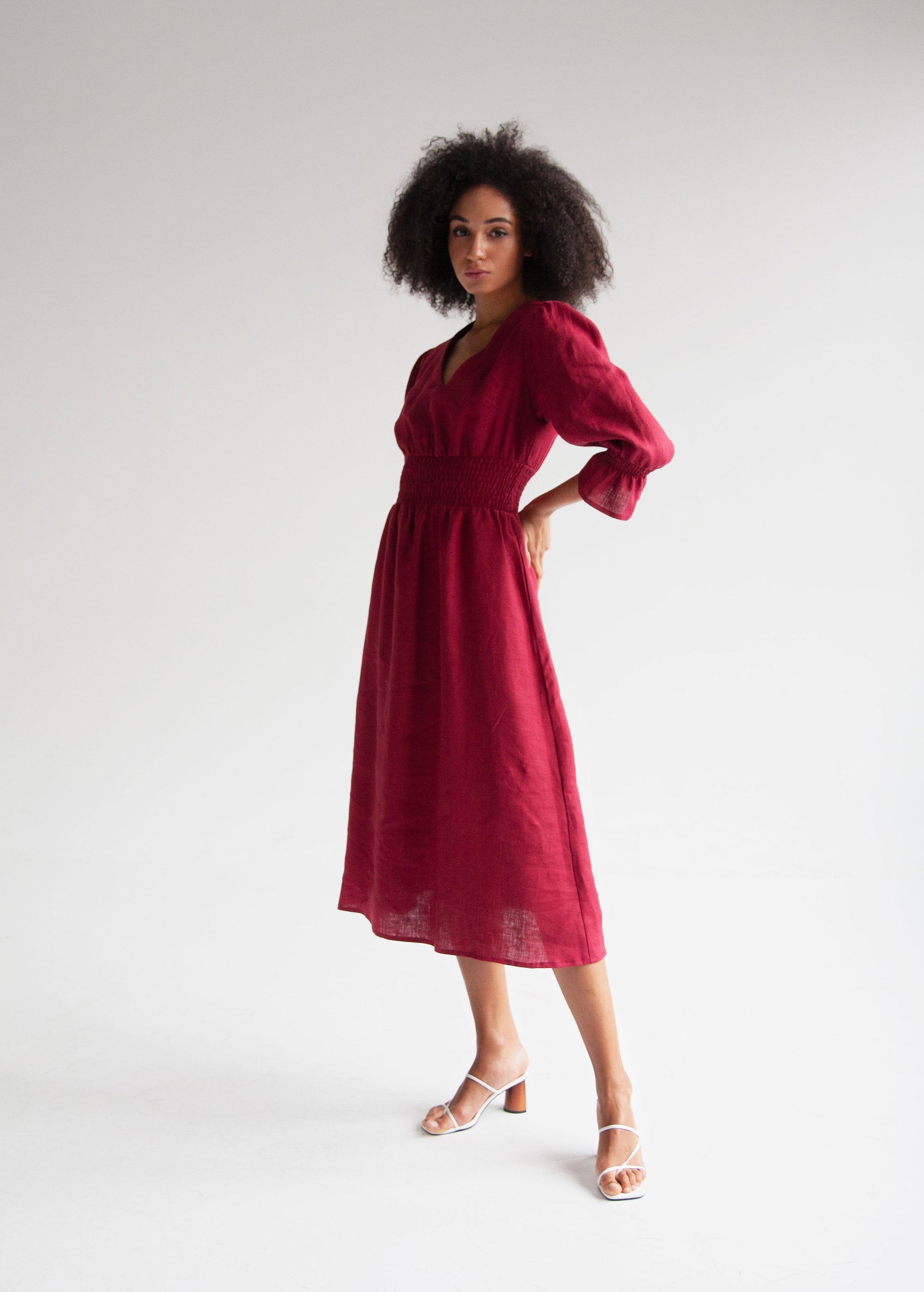 "Lisa" Burgundy Linen Midi Dress