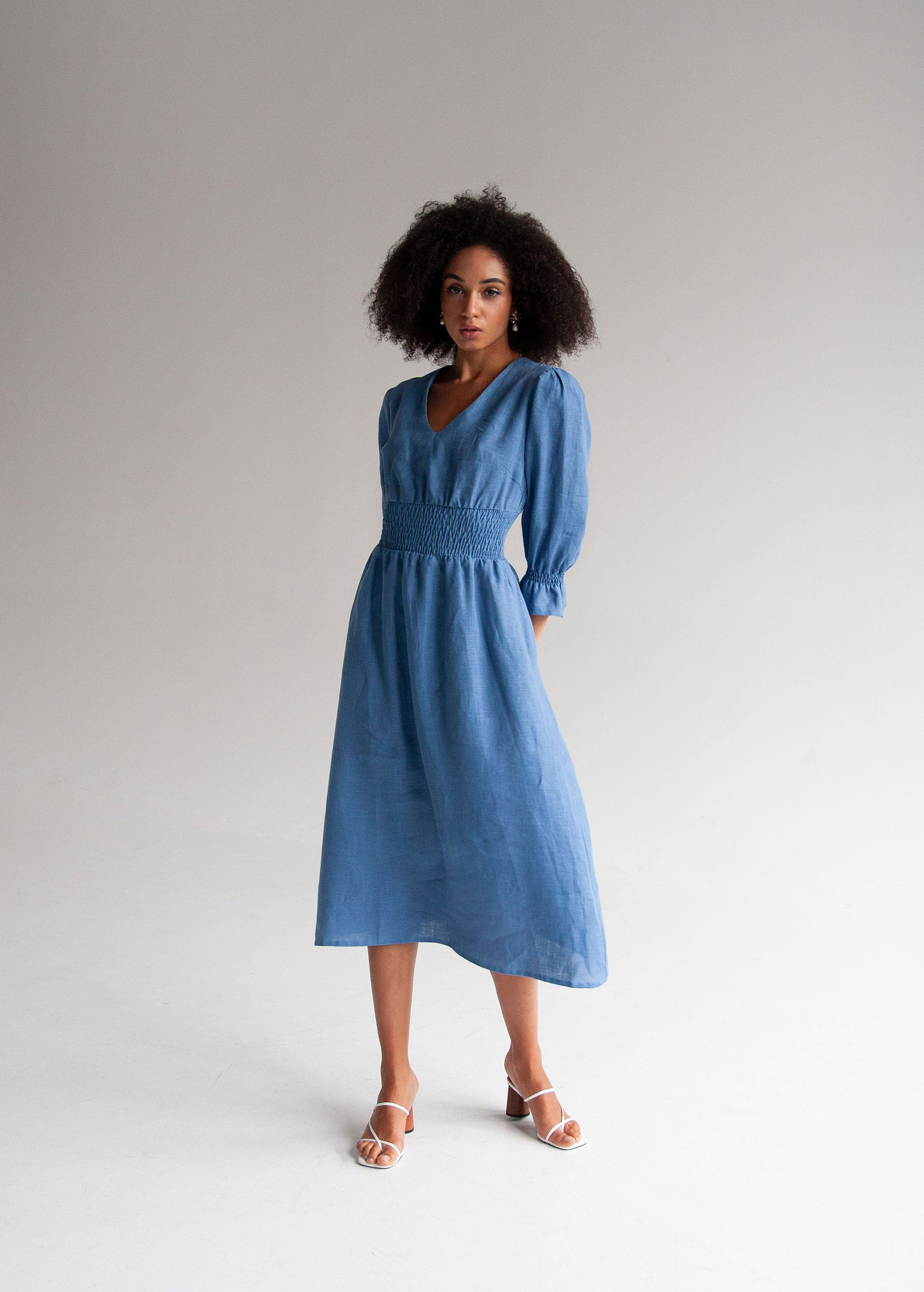 "Lisa" Denim Blue Linen Midi Dress