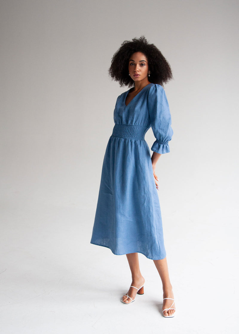 "Lisa" Denim Blue Linen Midi Dress