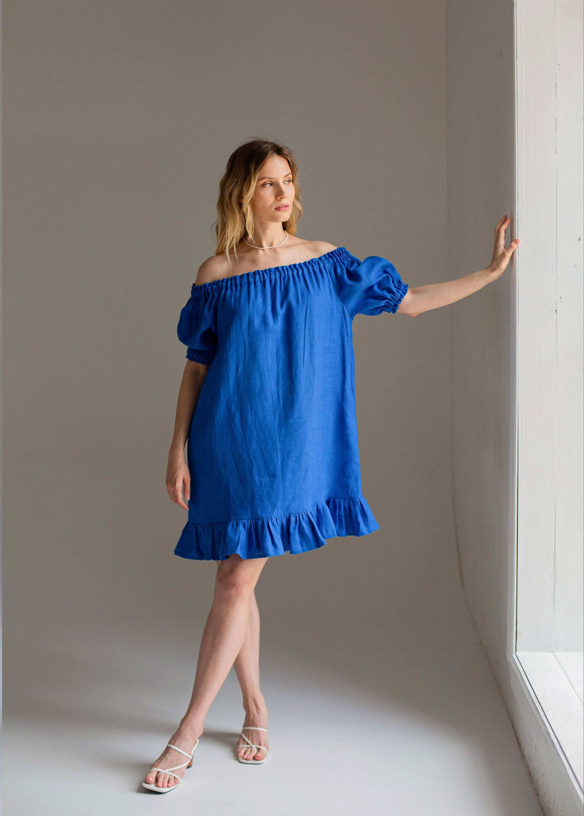 "Lia" blue linen mini dress
