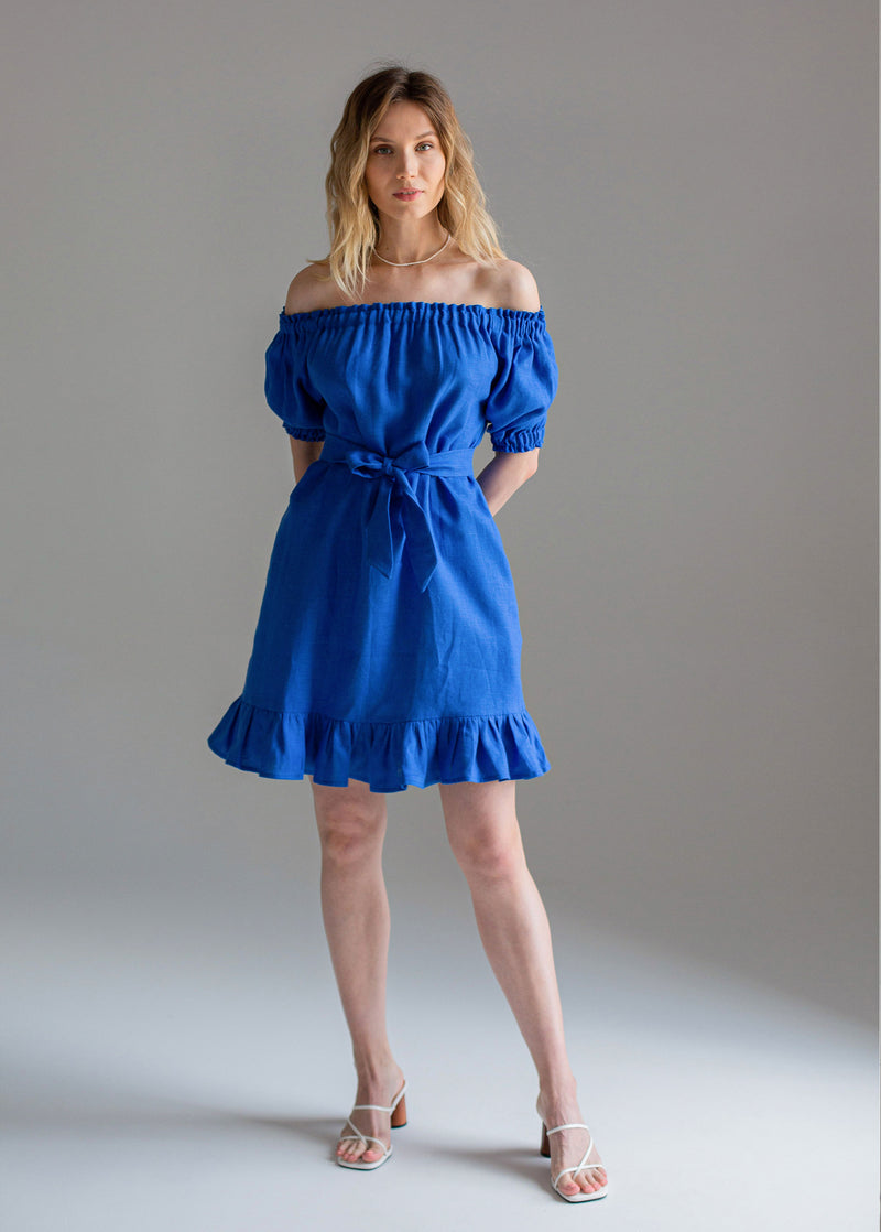 "Lia" blue linen mini dress