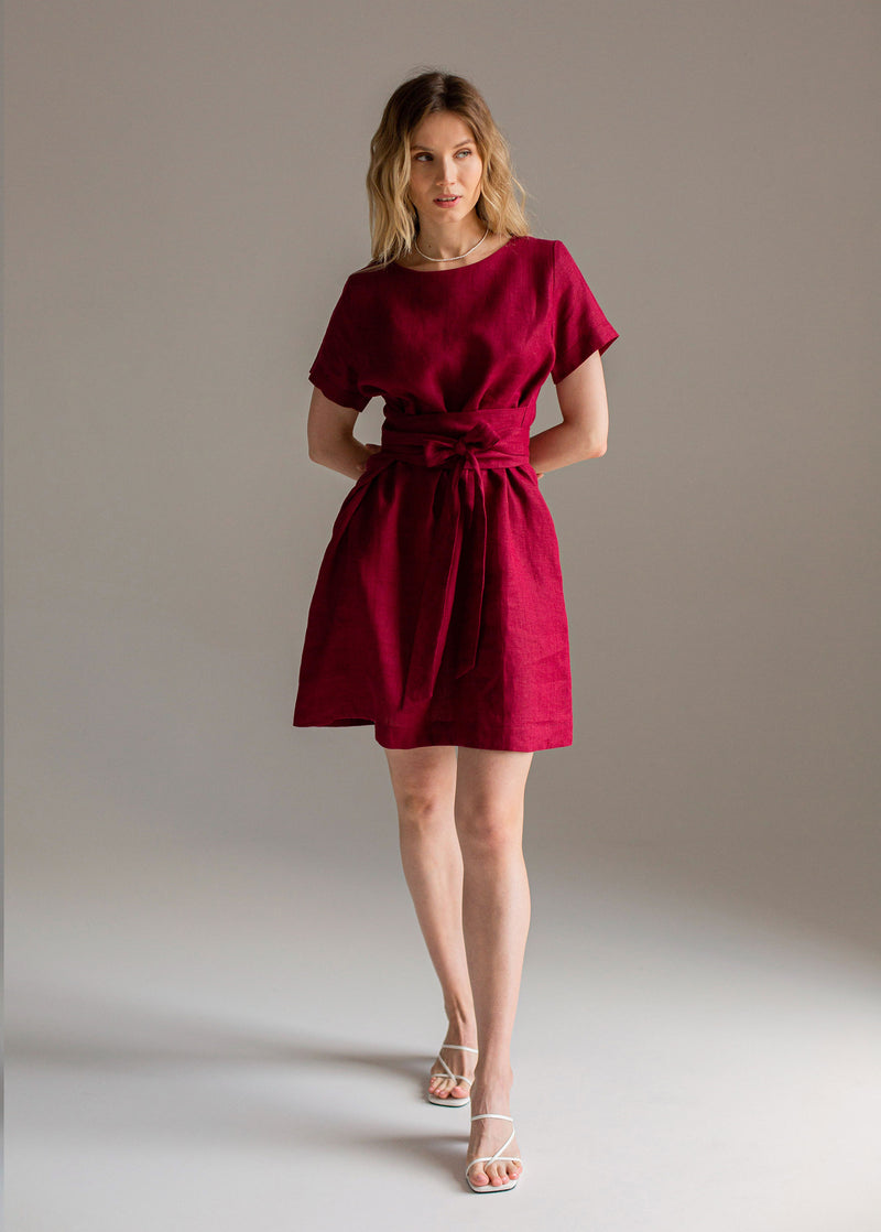 "Adelia" Burgundy Linen Mini Dress