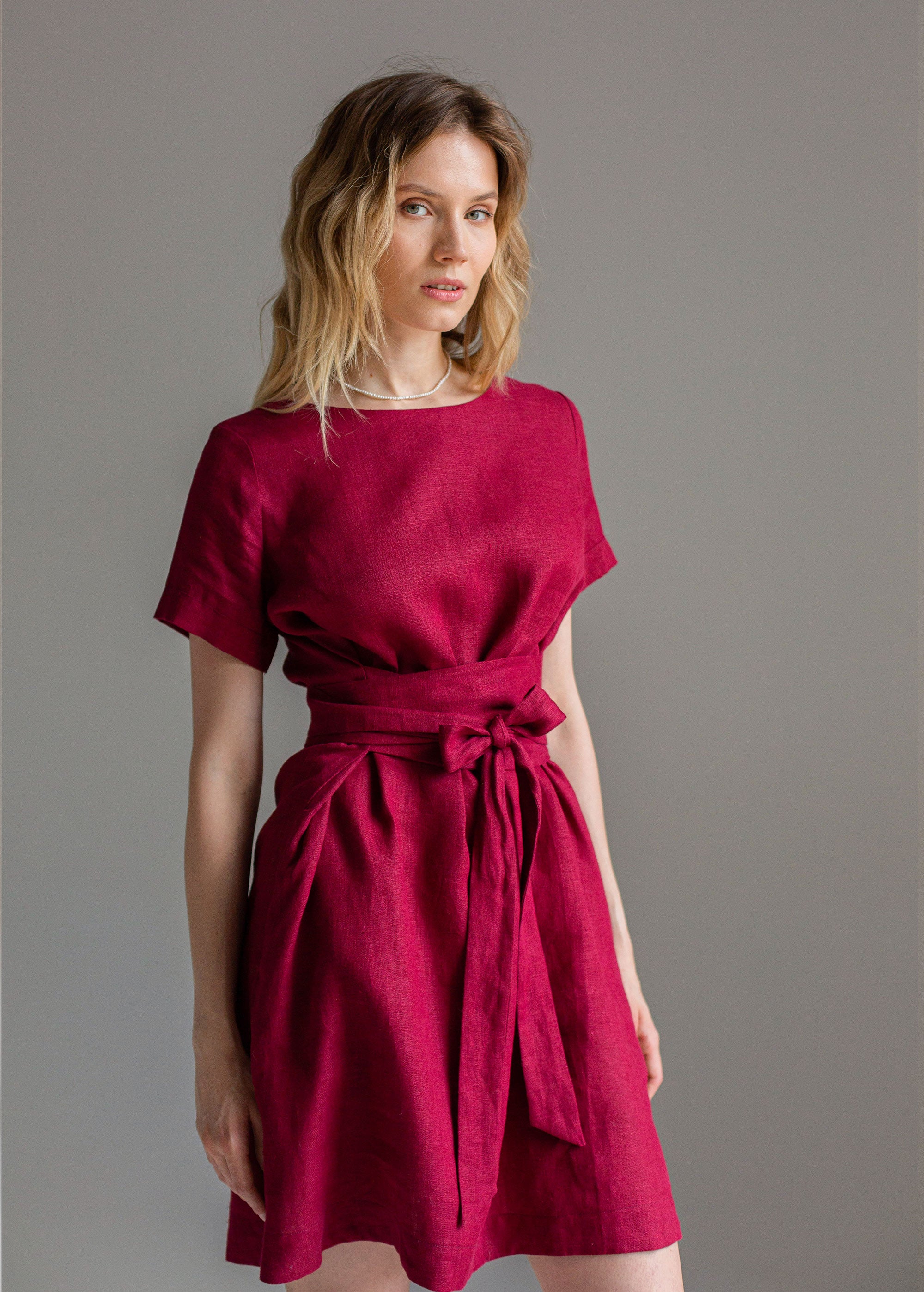 "Adelia" Burgundy Linen Mini Dress