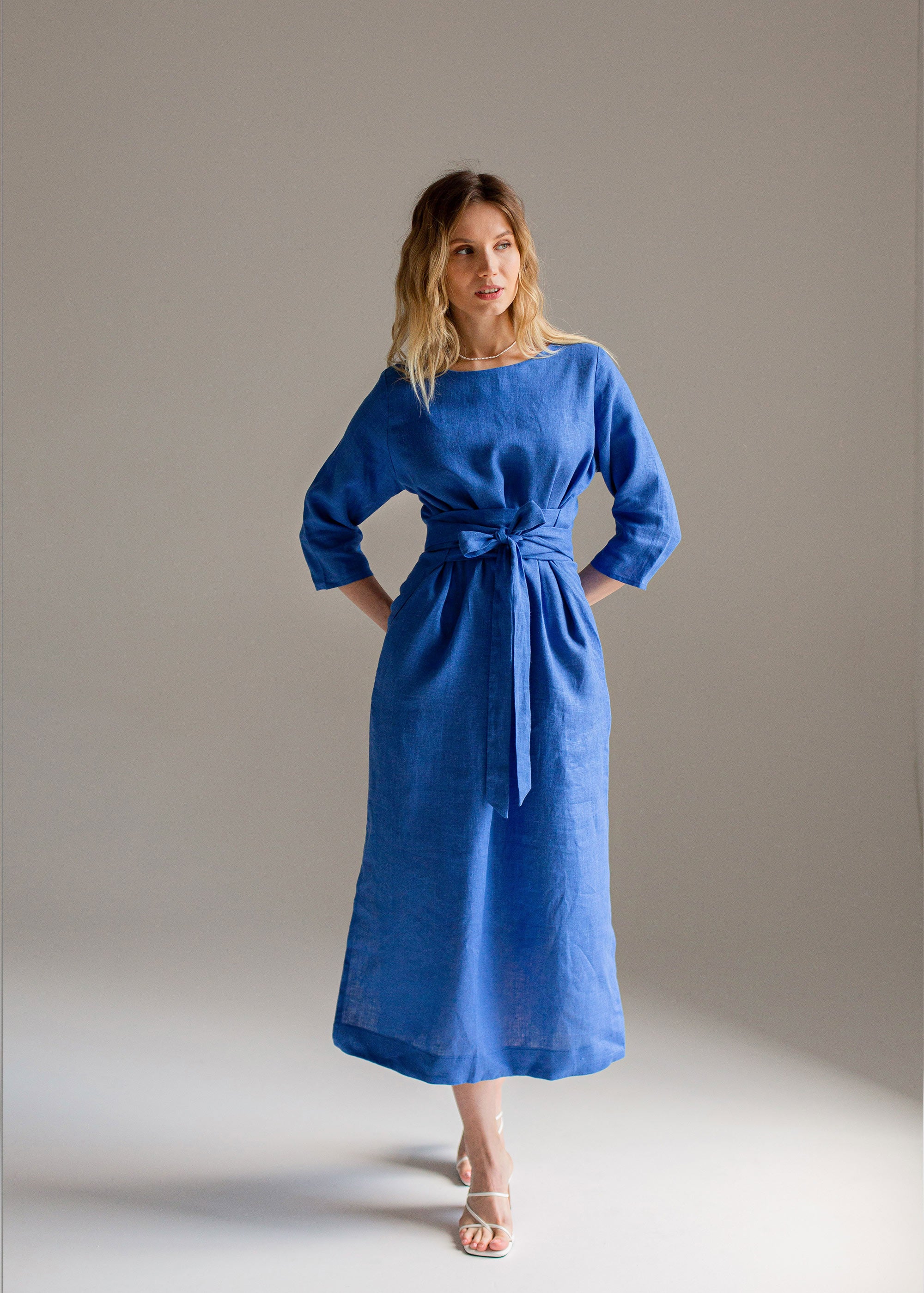 "Audrey" Blue Linen Maxi Dress