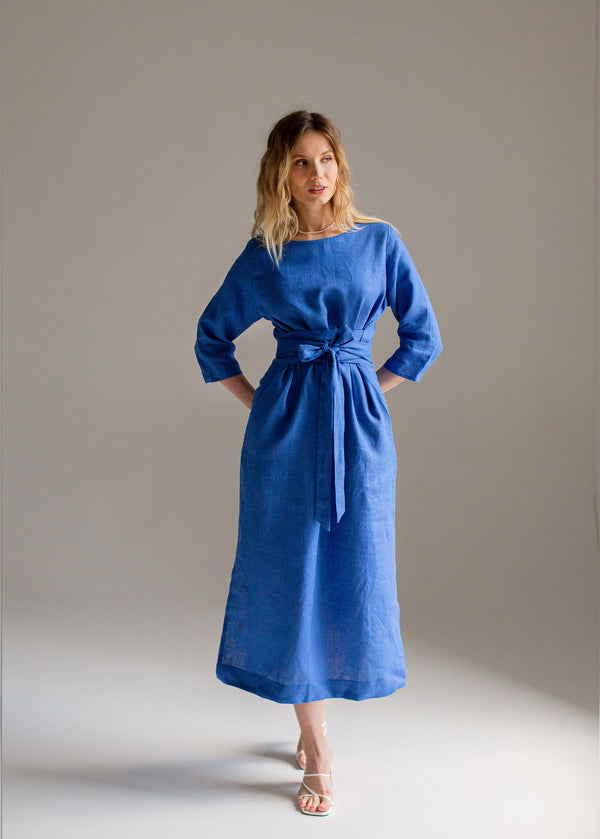 "Audrey" Blue Linen Maxi Dress