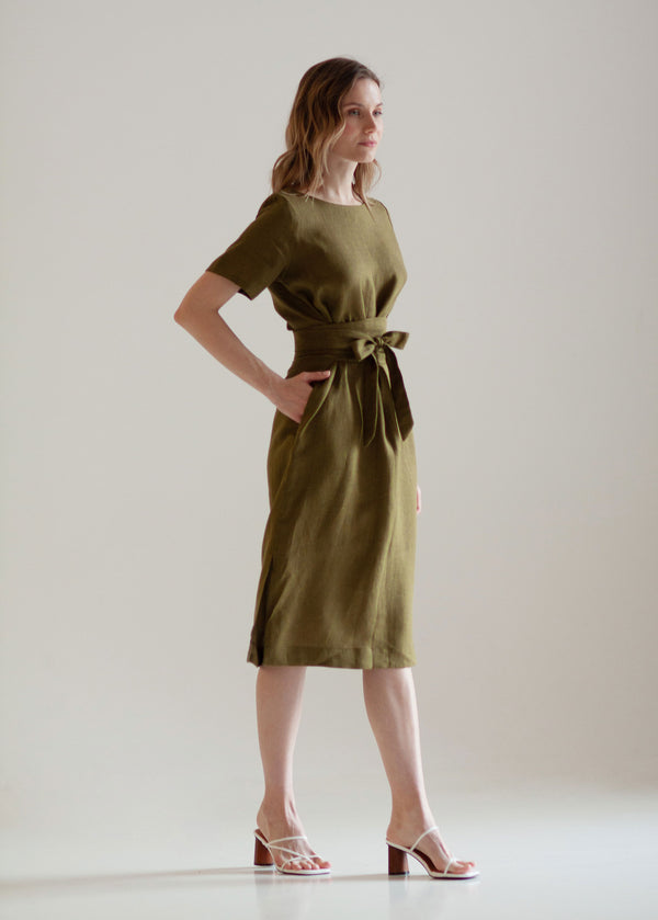 "Adelia" Khaki Green Linen Dress
