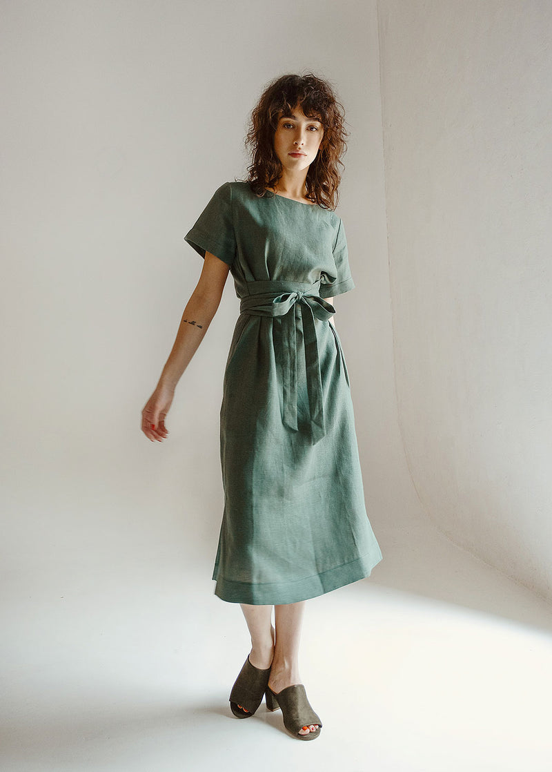 "Adelia" Linen Sage Green Midi Dress