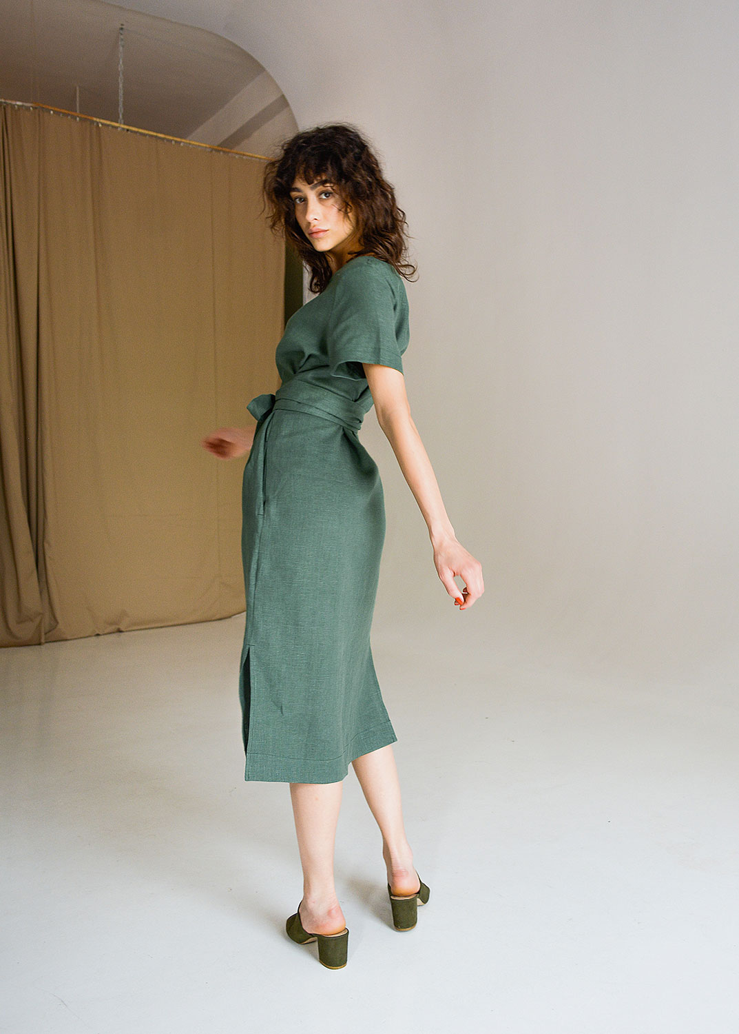 "Adelia" Linen Sage Green Midi Dress