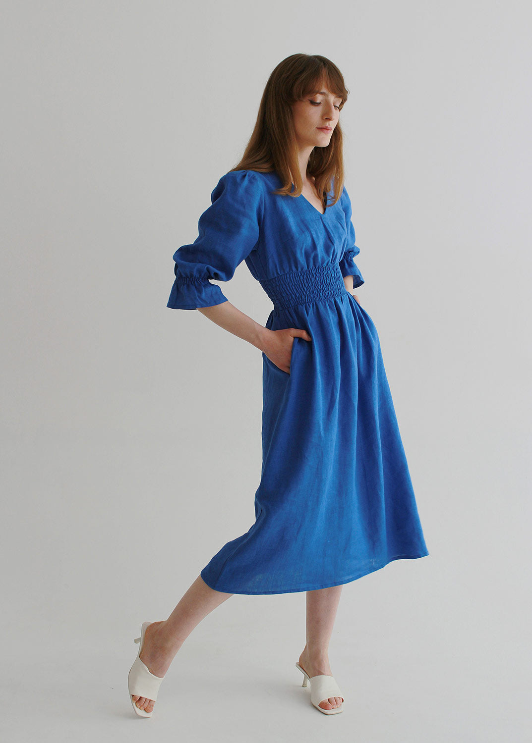 S size "Lisa" Blue Linen Midi Dress