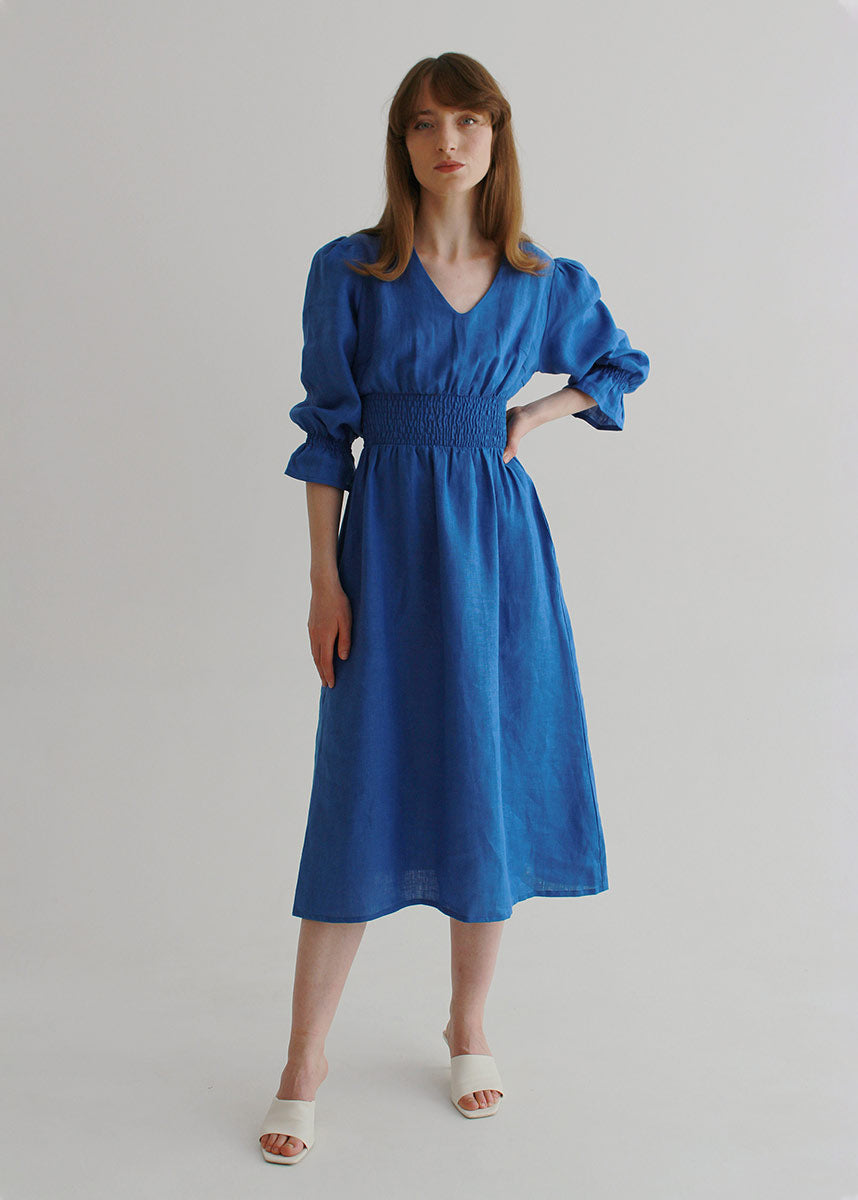 S size "Lisa" Blue Linen Midi Dress