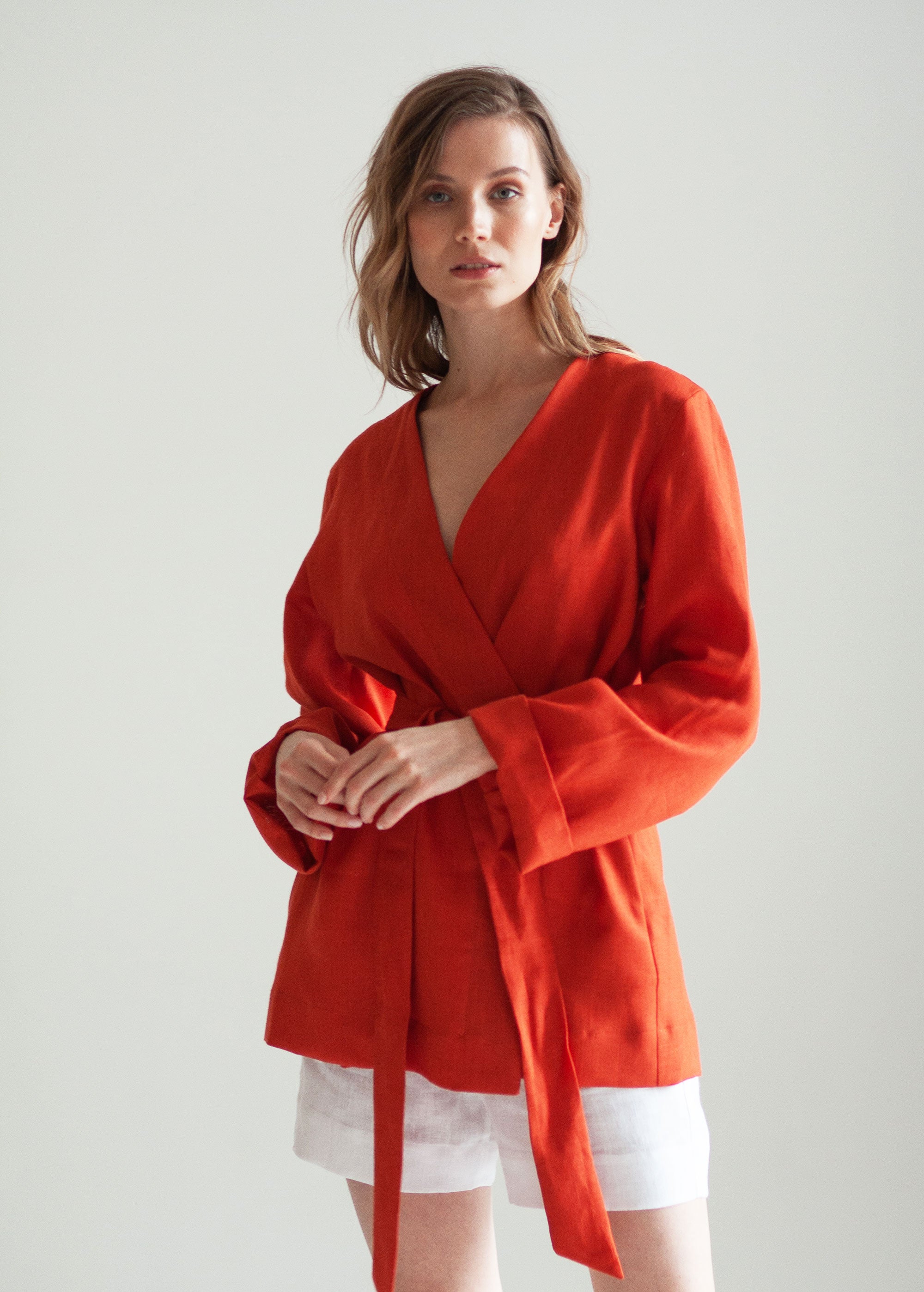 Veste kimono en lin orange brûlé