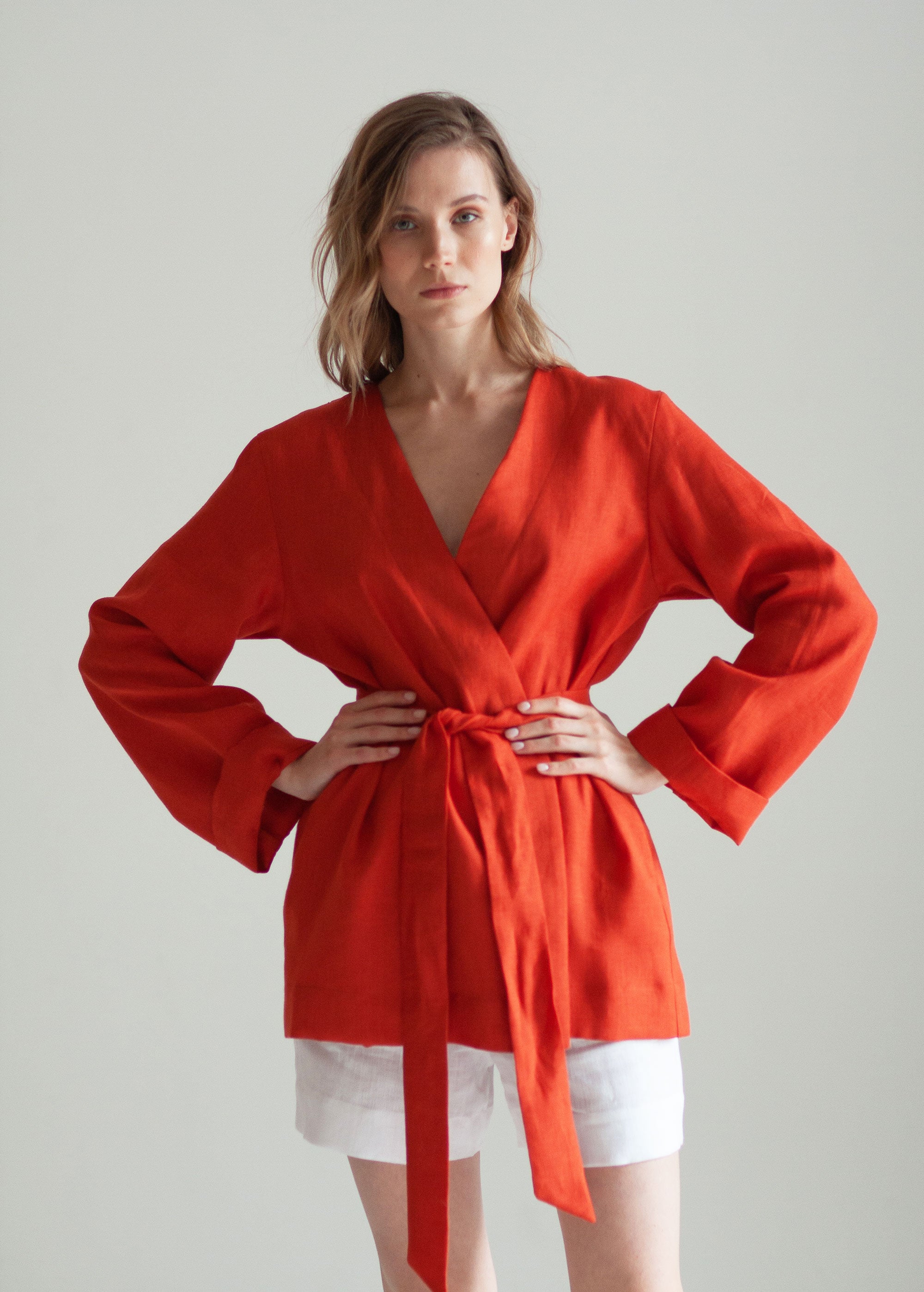 Veste kimono en lin orange brûlé
