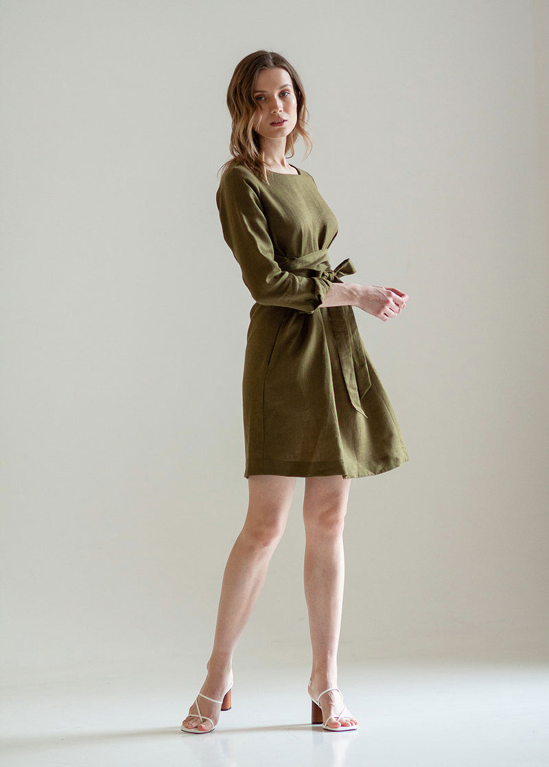 "Audrey" Khaki Green Linen Mini Dress