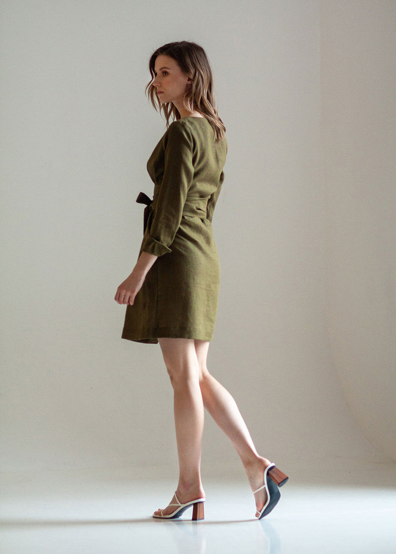 "Audrey" Khaki Green Linen Mini Dress