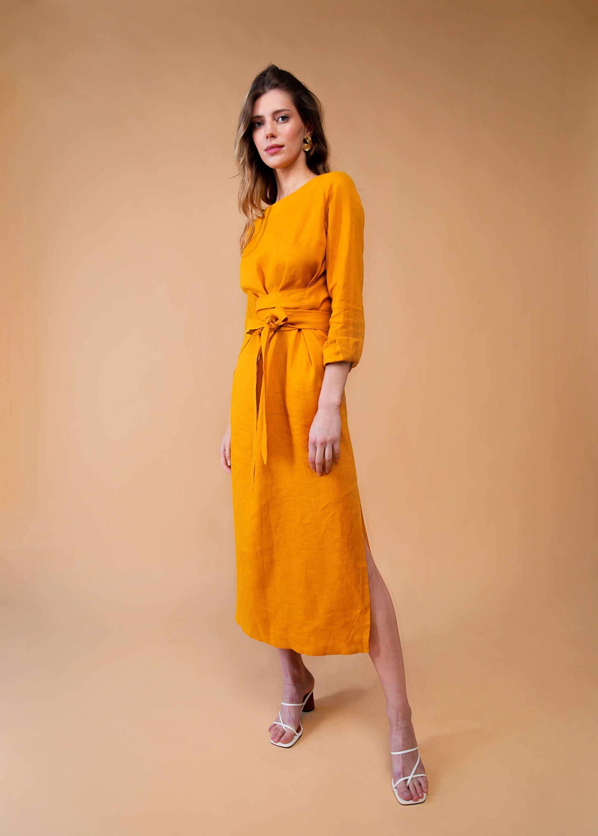 "Audrey" Linen Mustard Yellow Maxi Dress