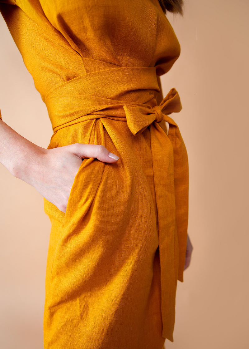 "Audrey" Linen Mustard Yellow Maxi Dress