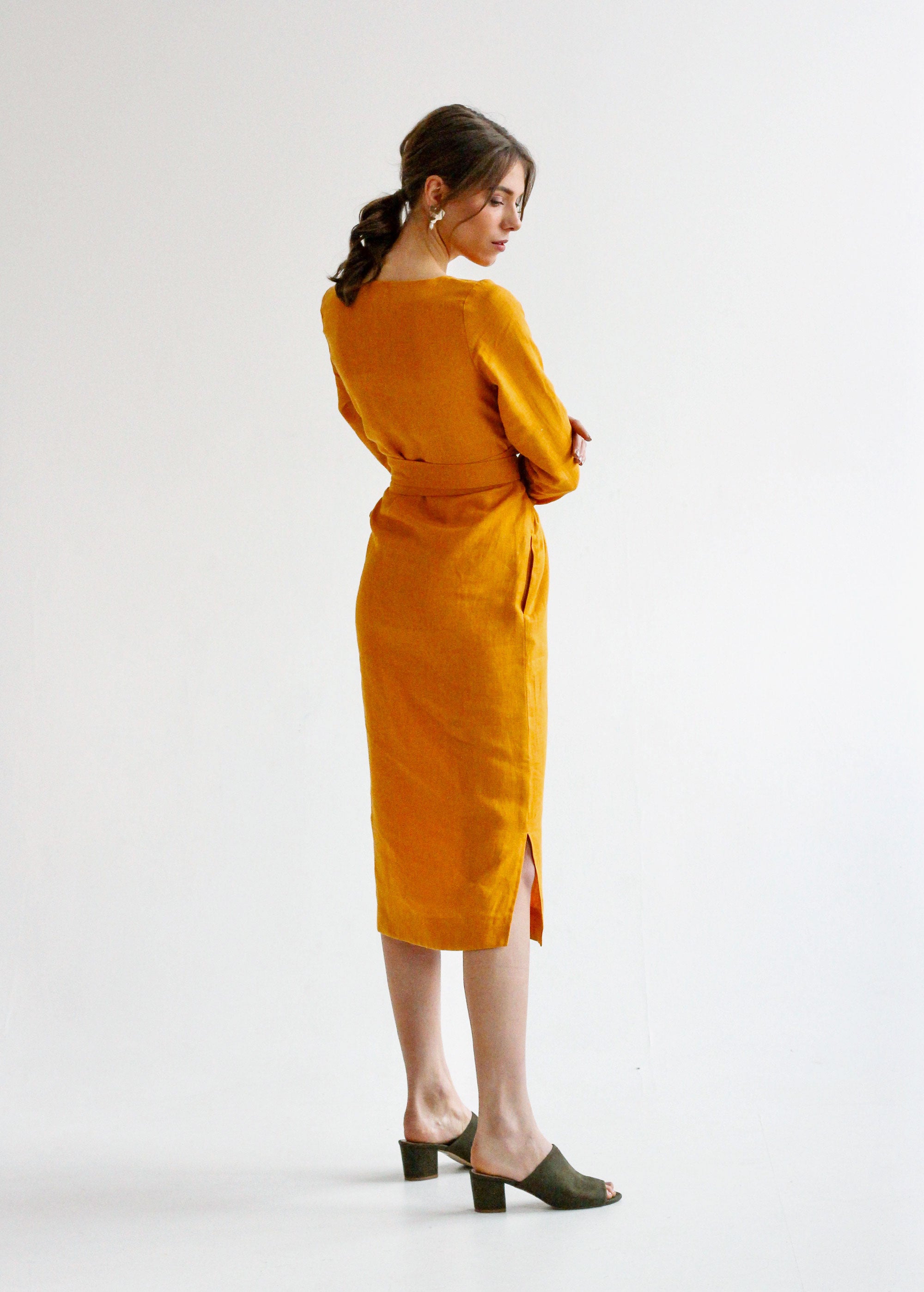 "Audrey" Mustard Yellow Midi Dress
