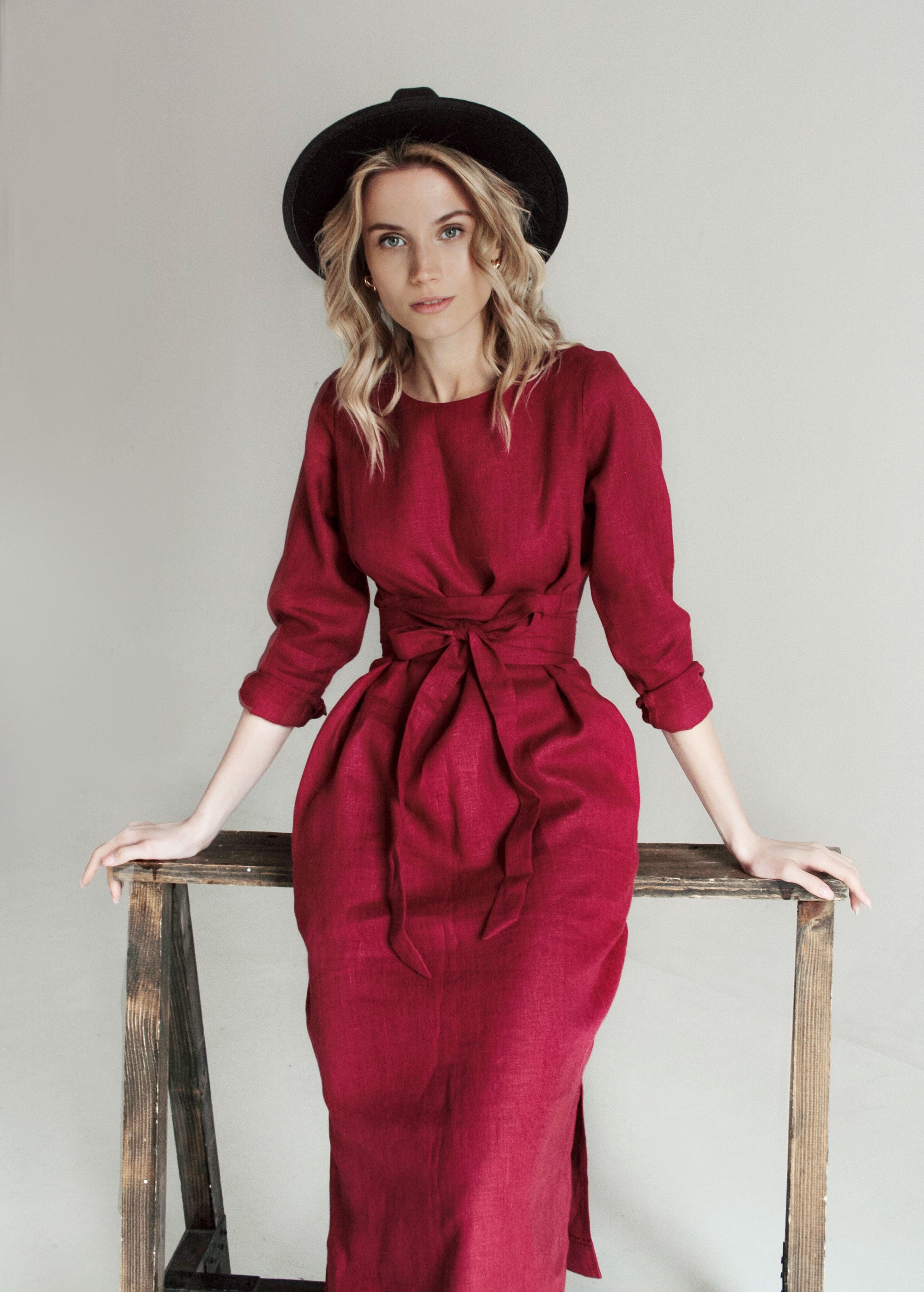 Long sleeve burgundy linen dress, burgundy midi dress | Nich Linen