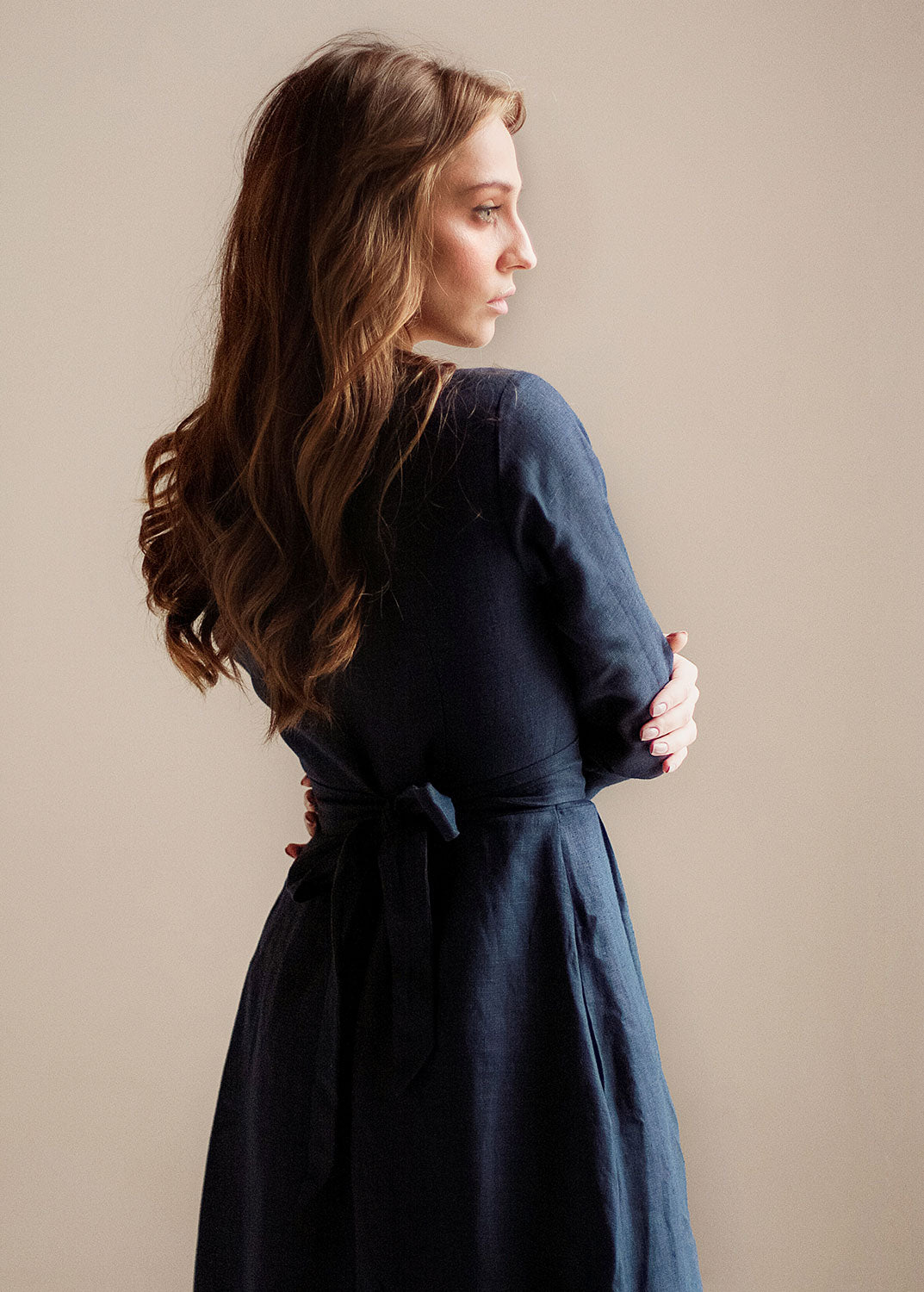 "Janet" Linen Navy Blue Maxi Dress with sleeves