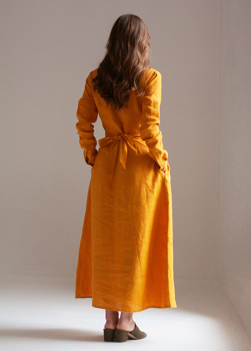 "Janet" Mustard Yellow Linen Maxi Dress with buttons