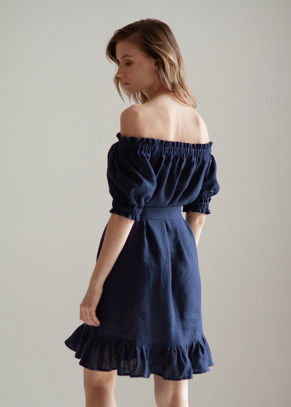 "Lia" Navy Blue Off the Shoulder Linen Dress