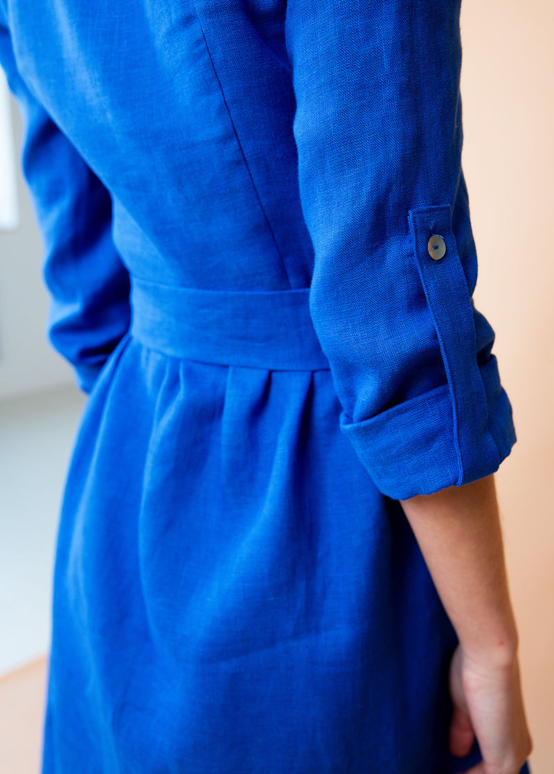 "Lily" Blue Button Front Linen Dress