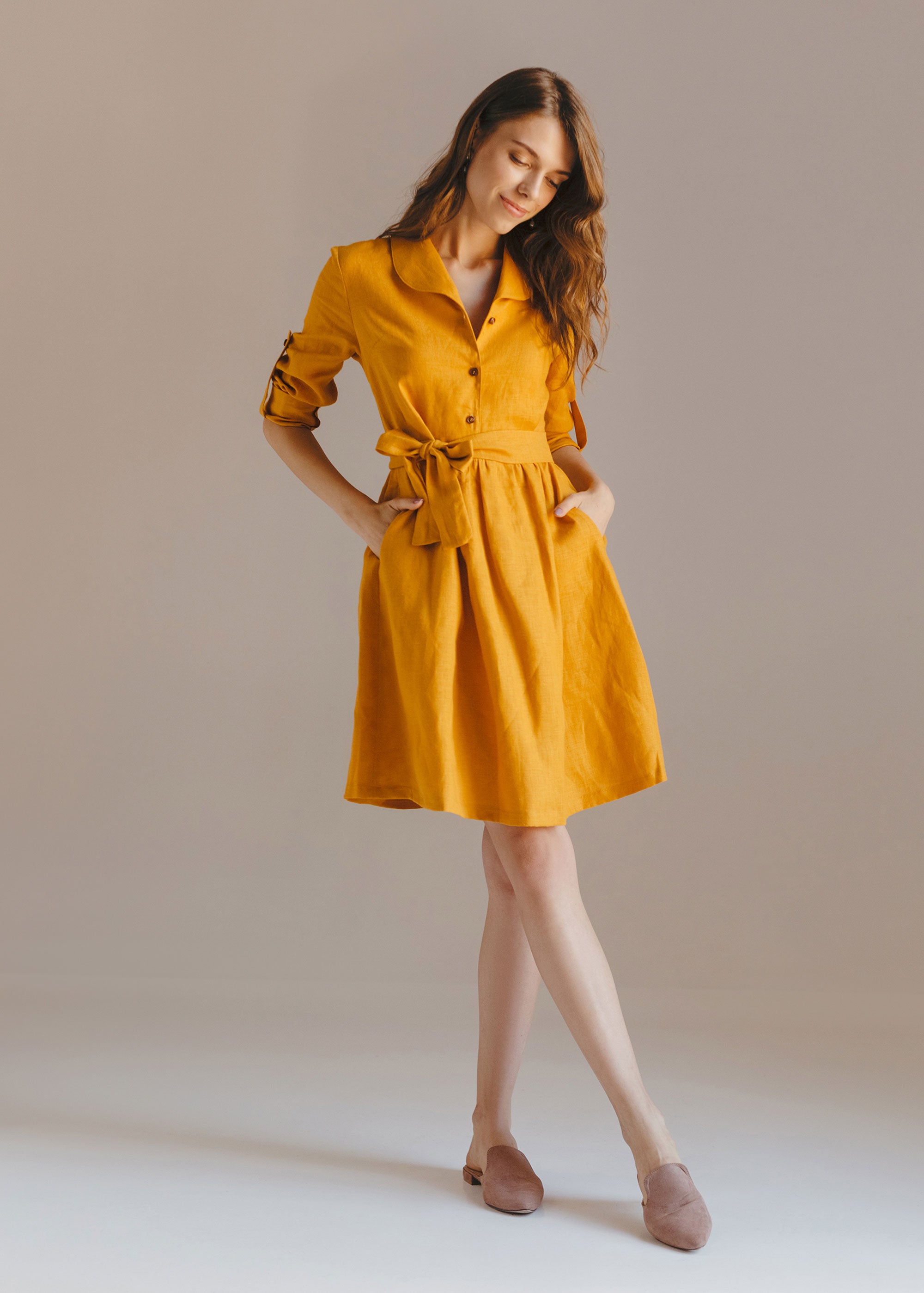 “Lily” Mustard Yellow Mini Dress with buttons
