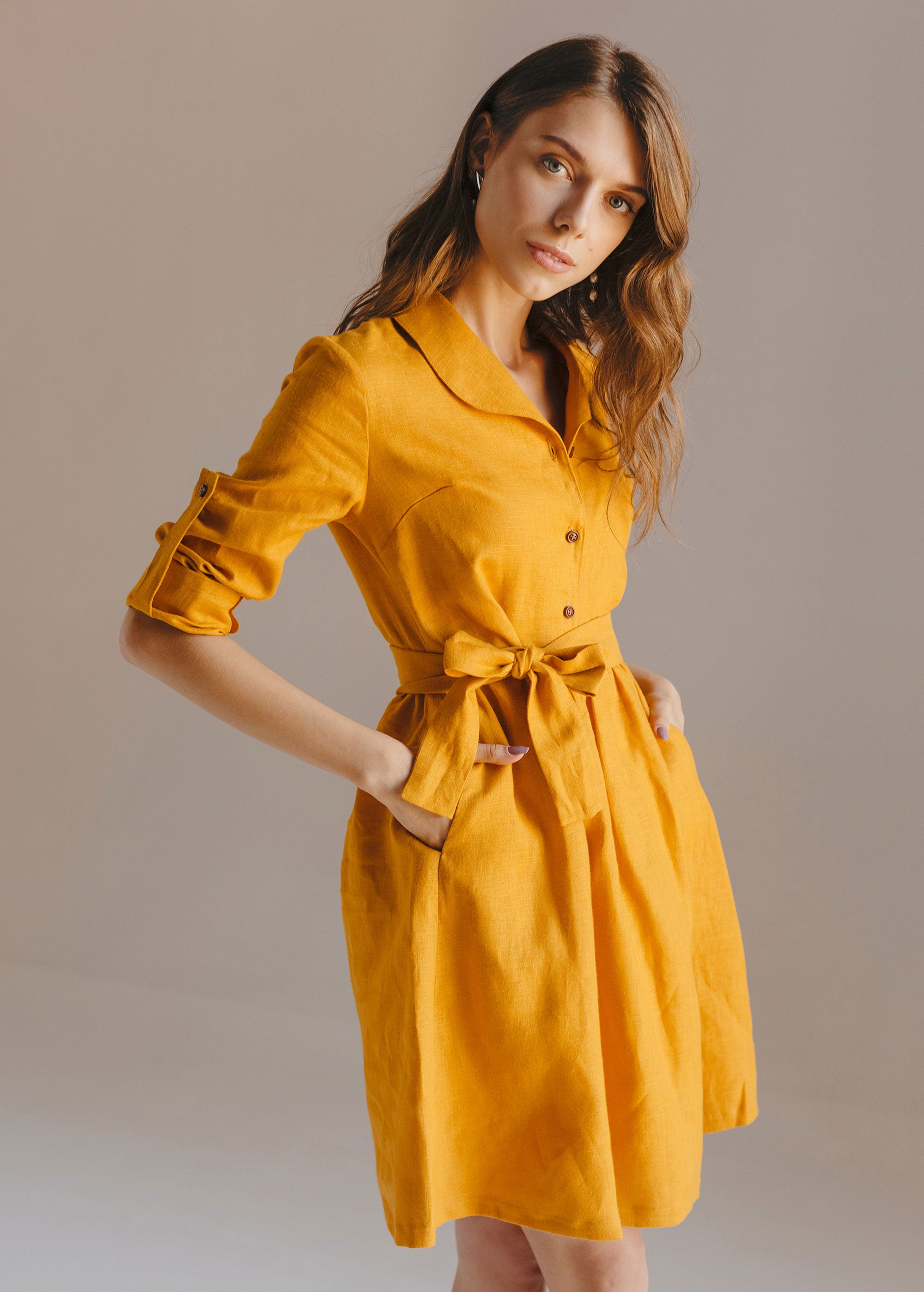“Lily” Mustard Yellow Mini Dress with buttons