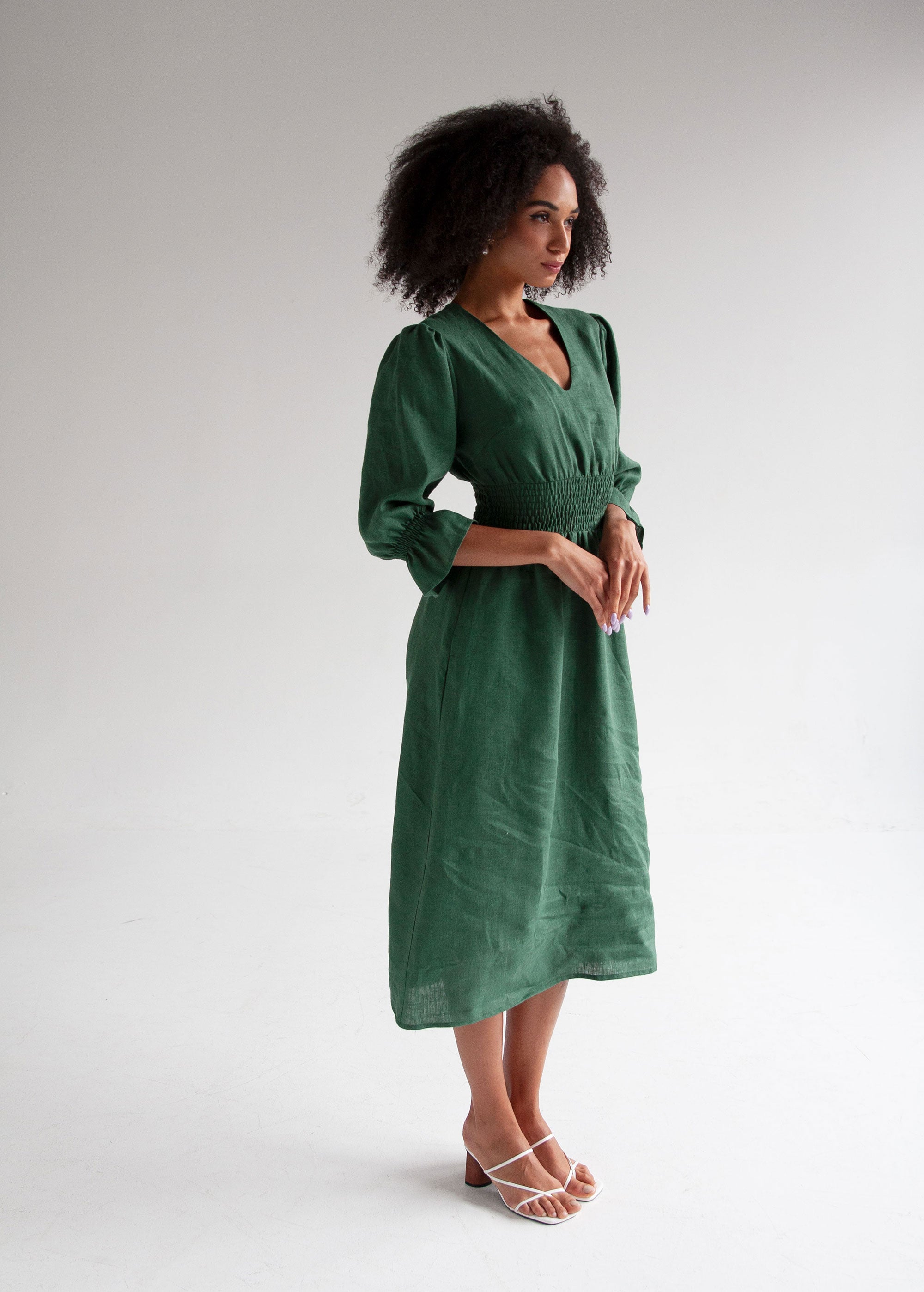 "Lisa" Greeny Linen Midi Dress