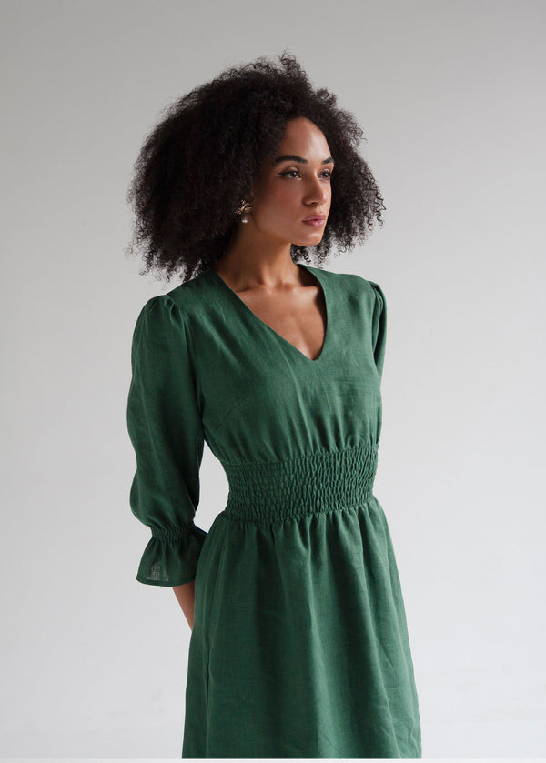 "Lisa" Greeny Linen Midi Dress