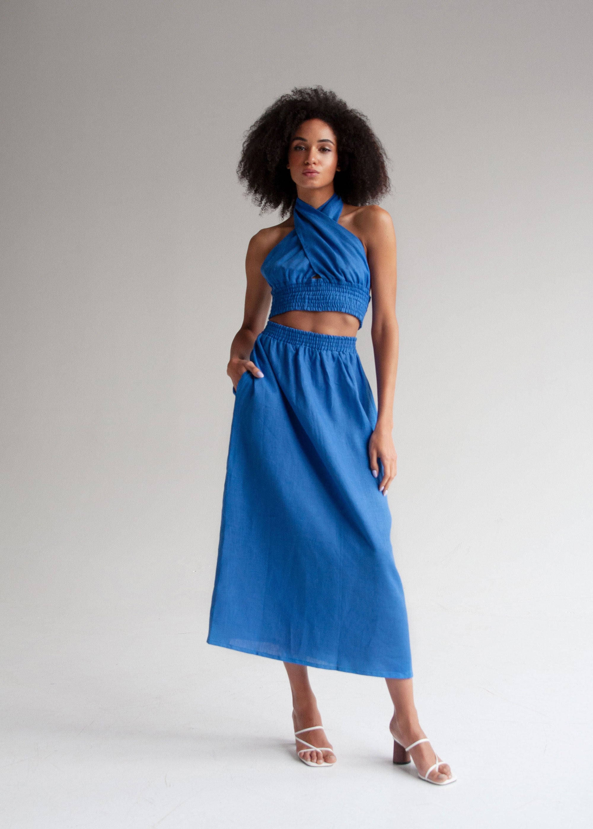 "Luna" Blue Linen Skirt Set