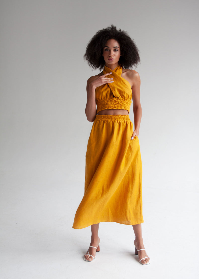 "Luna" Mustard Yellow Linen Skirt