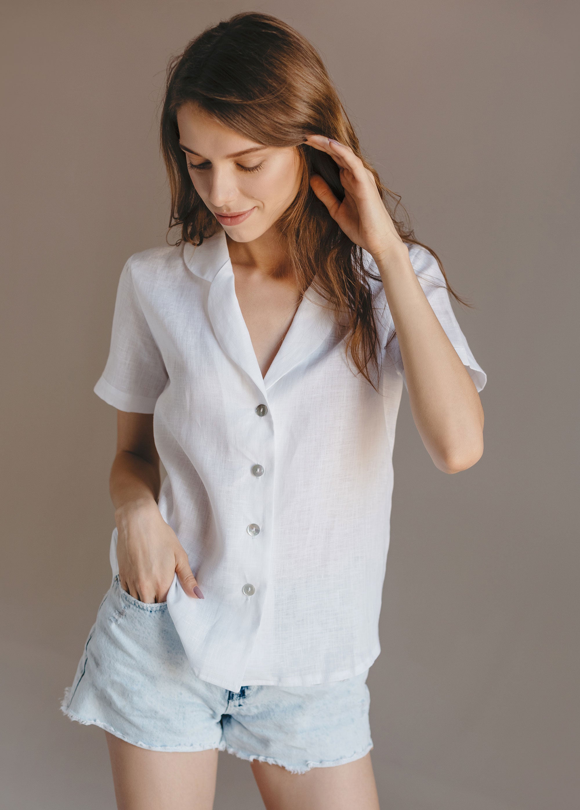 Chemise à manches courtes en lin blanc