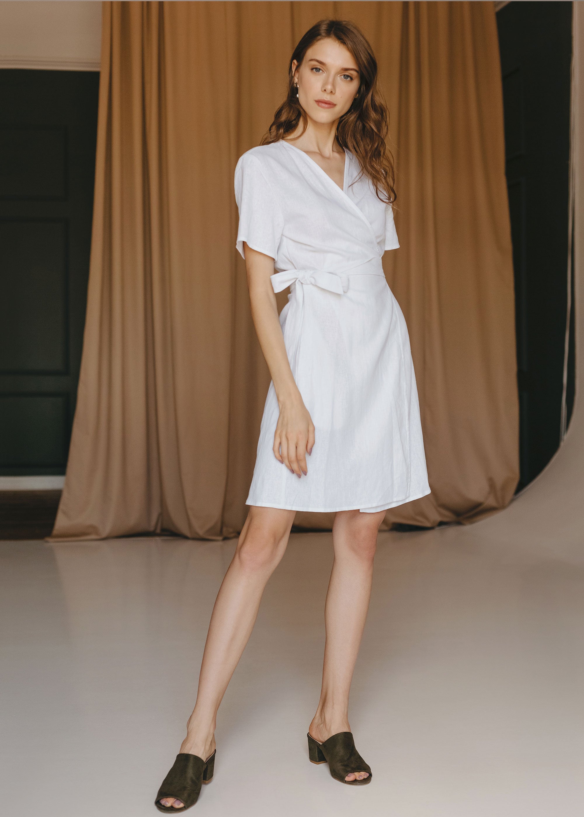 "Zoey" White Linen Mini Wrap Dress