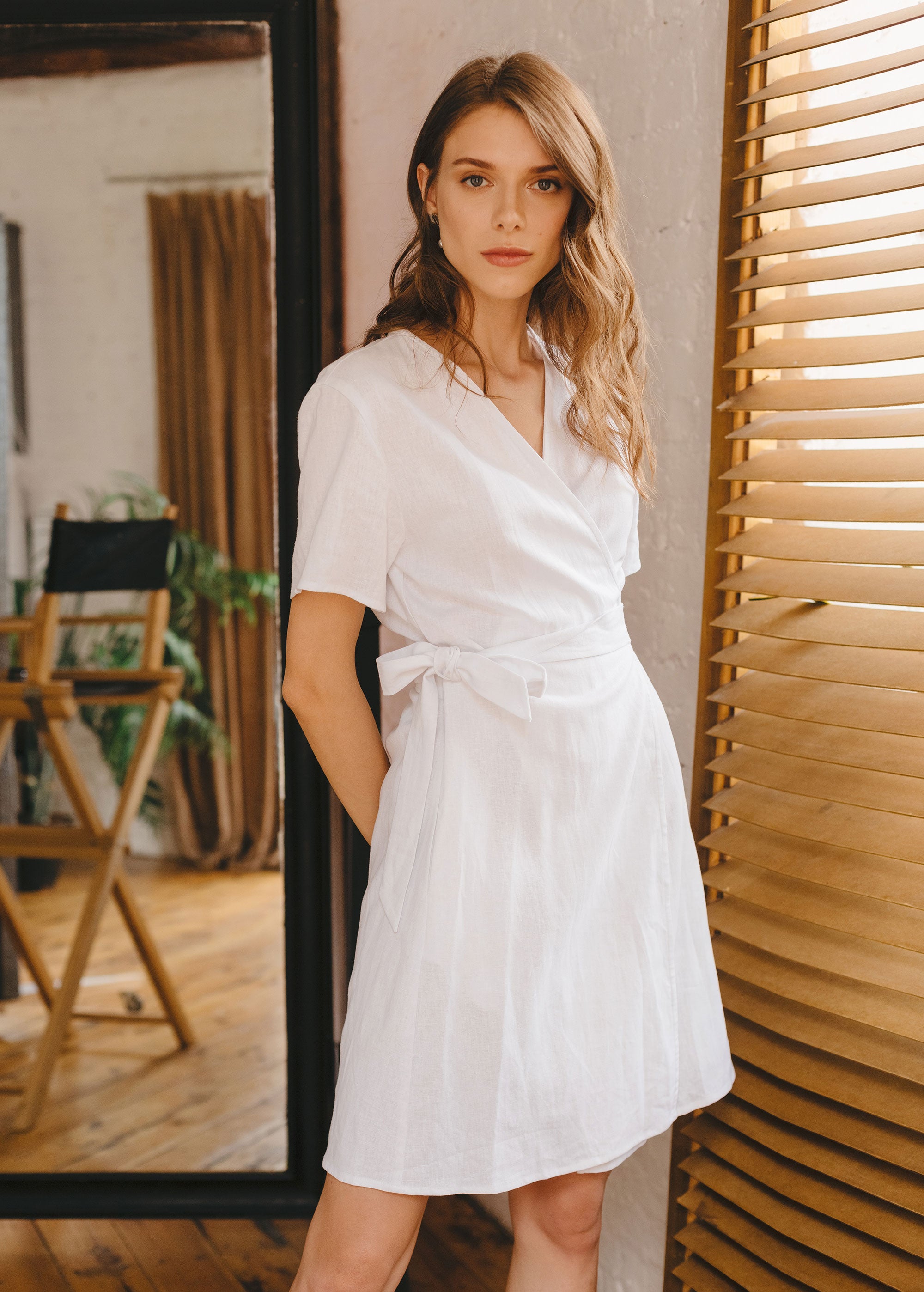 "Zoey" White Linen Mini Wrap Dress